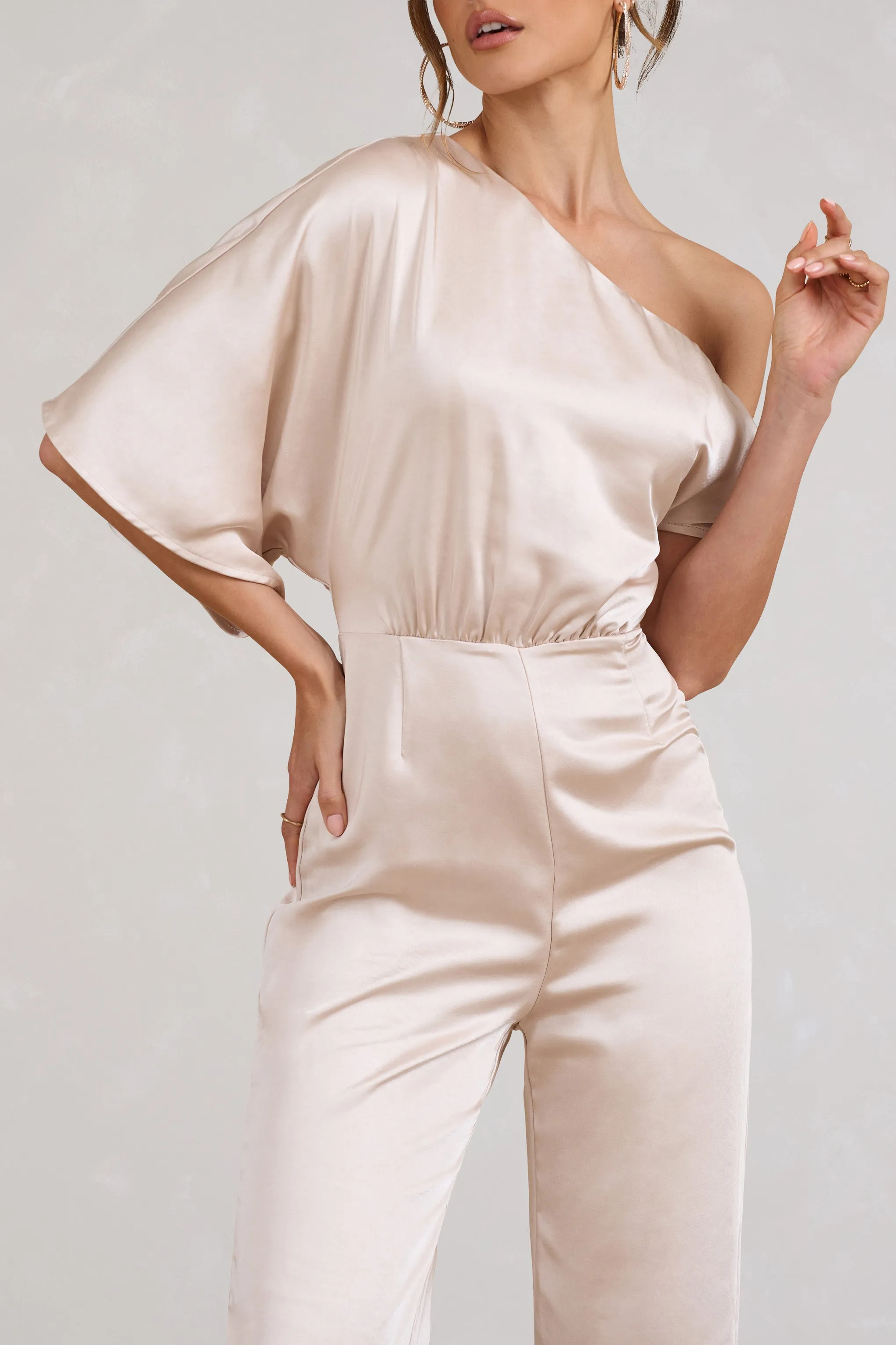 Marvellous | Champagne Satin Asymmetric Flared-Leg Jumpsuit Club L London