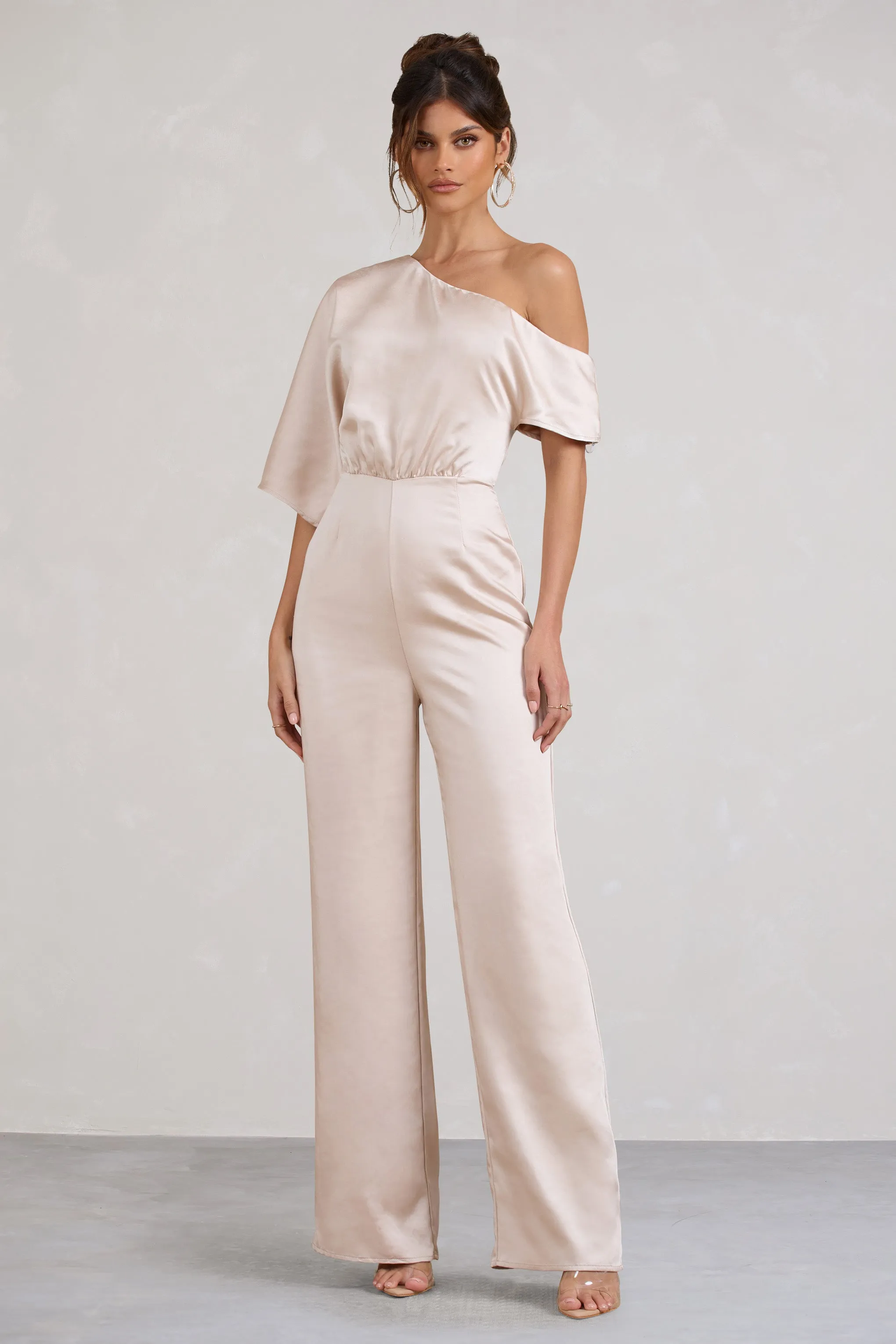 Marvellous | Champagne Satin Asymmetric Flared-Leg Jumpsuit Club L London