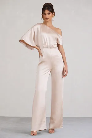 Marvellous | Champagne Satin Asymmetric Flared-Leg Jumpsuit Club L London