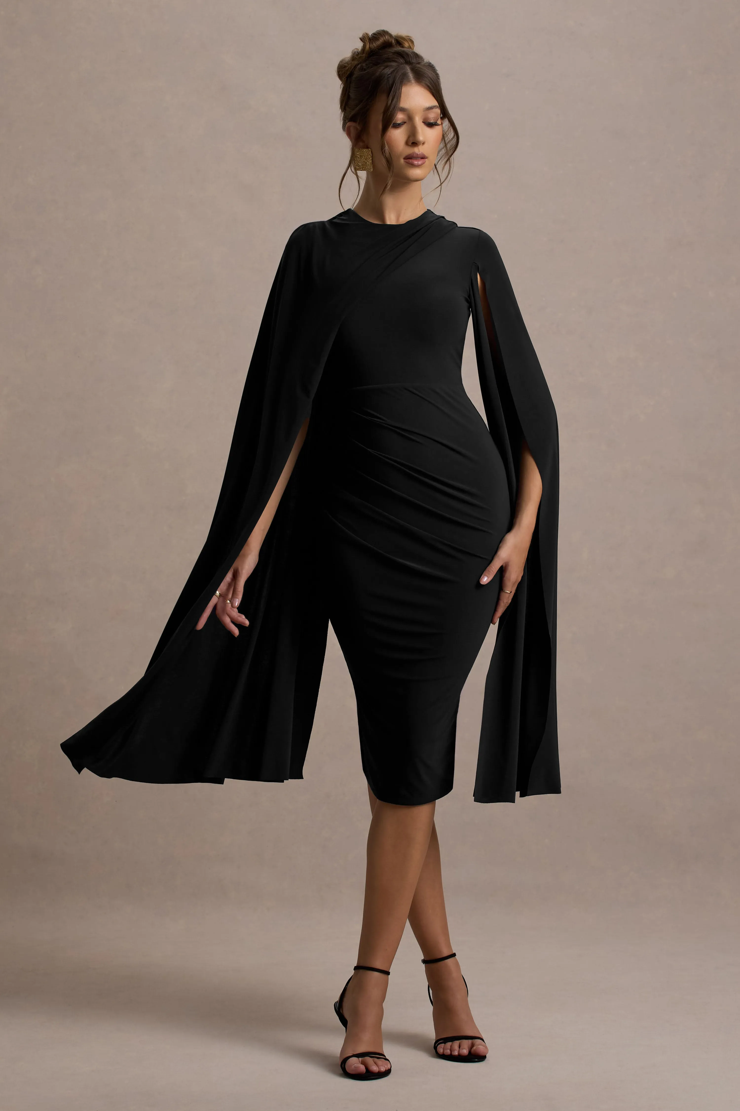 Marysol | Black Asymmetric Cape Midi Dress Club L London