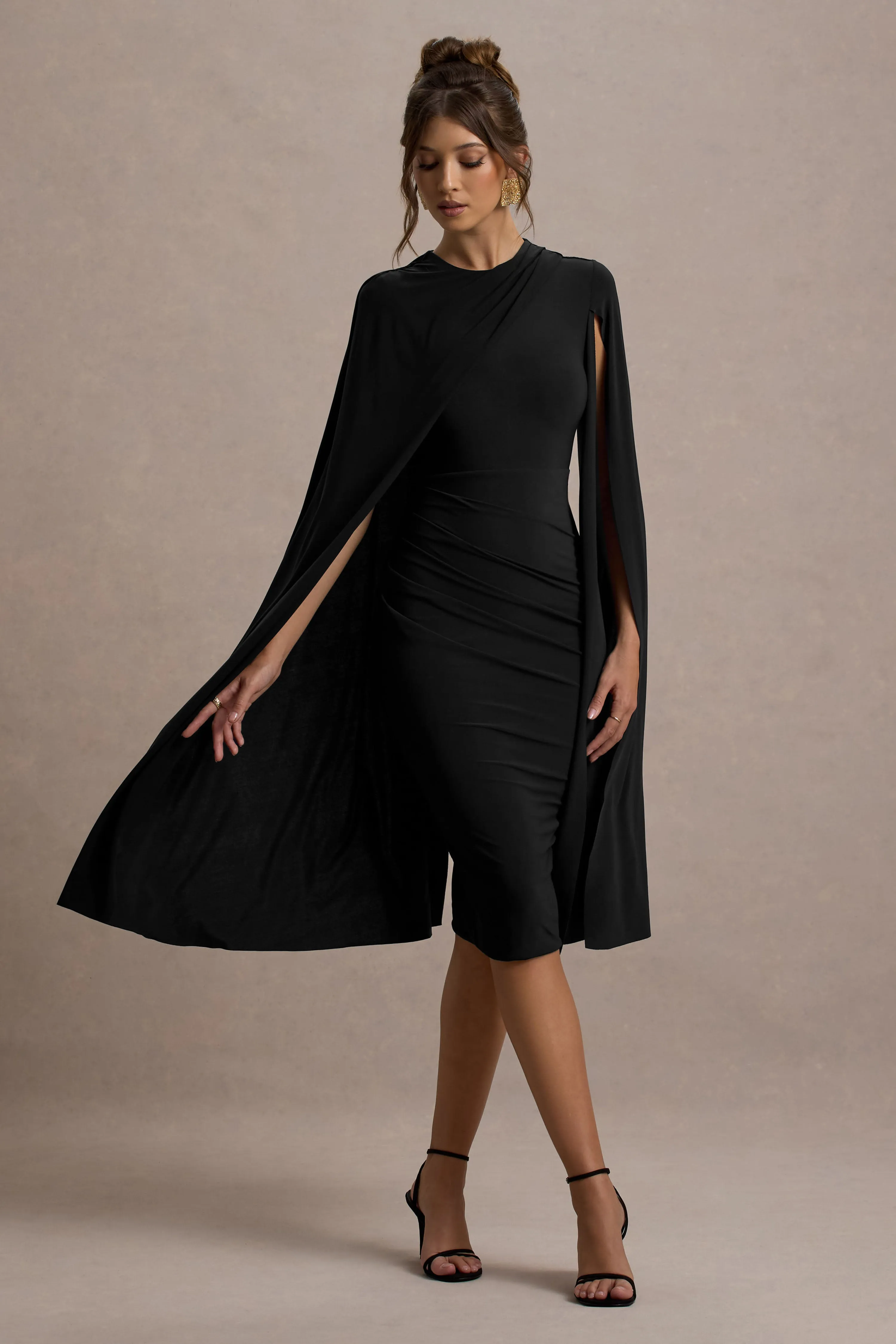 Marysol | Black Asymmetric Cape Midi Dress Club L London