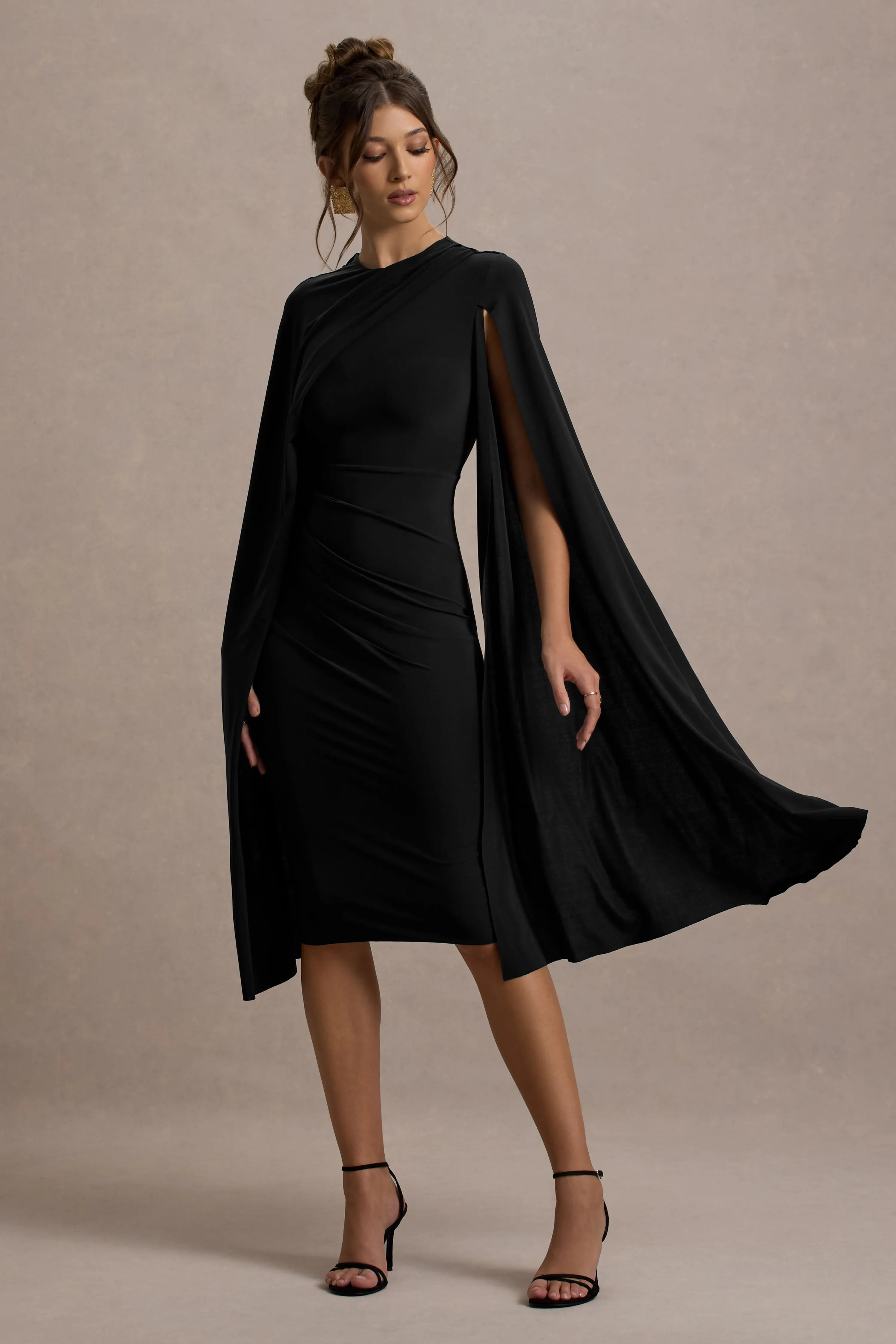 Marysol | Black Asymmetric Cape Midi Dress Club L London