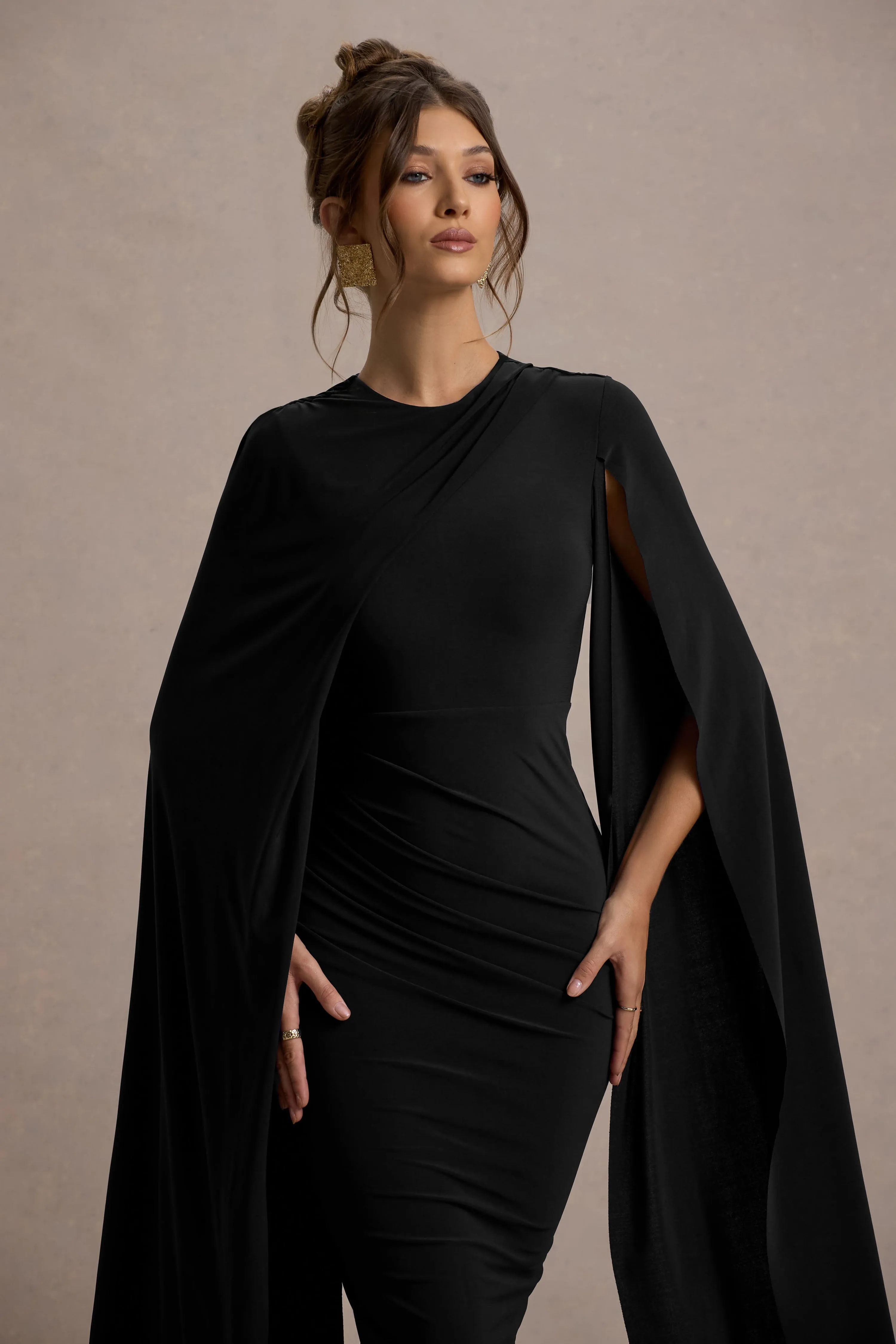 Marysol | Black Asymmetric Cape Midi Dress Club L London