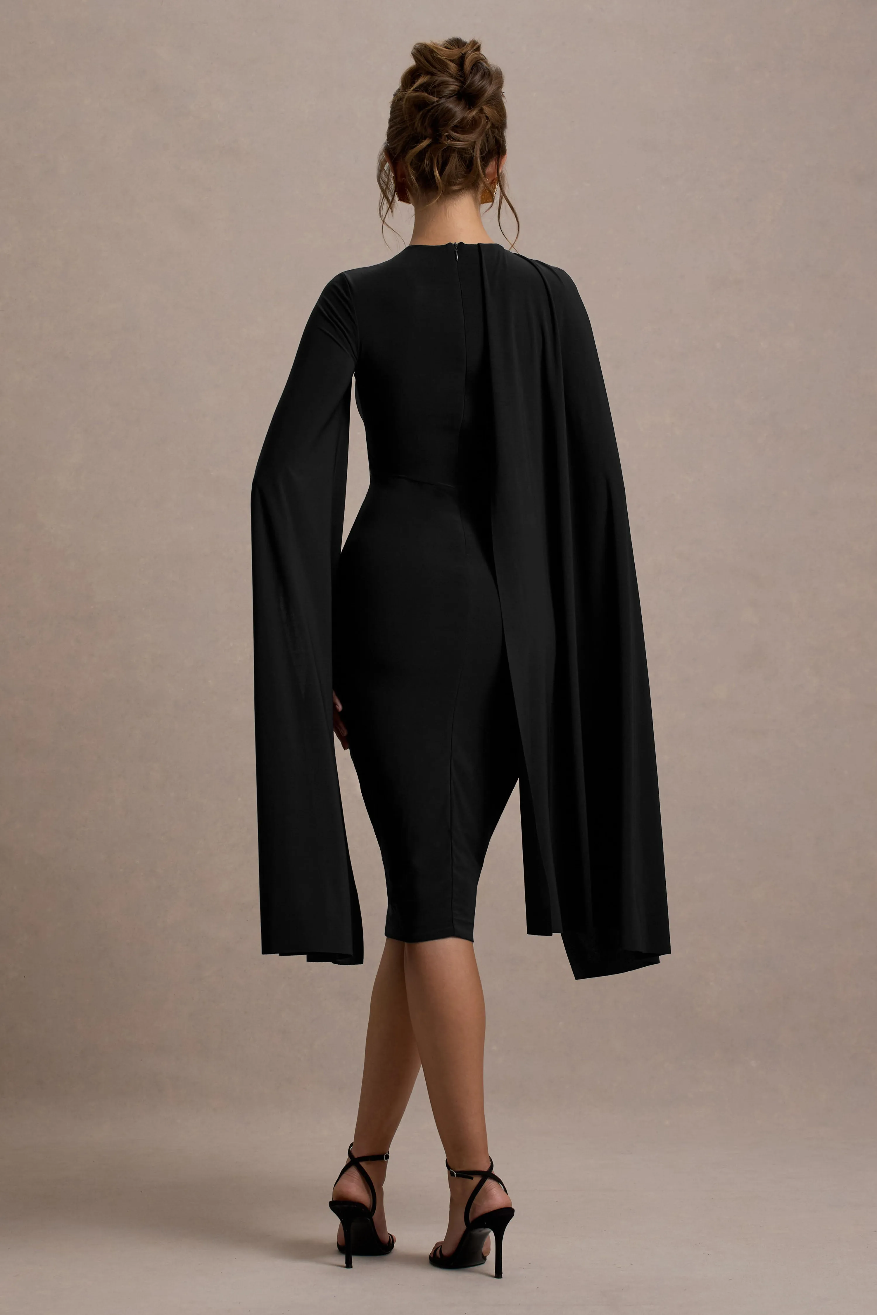 Marysol | Black Asymmetric Cape Midi Dress Club L London