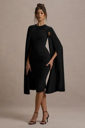 Marysol | Black Asymmetric Cape Midi Dress Club L London