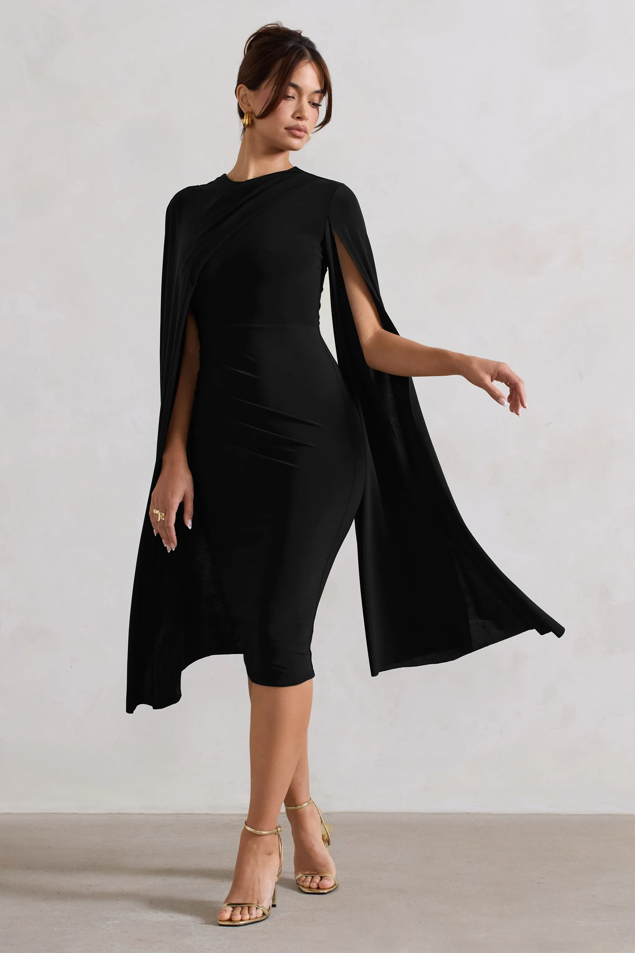 Marysol | Black Asymmetric Cape Midi Dress Club L London
