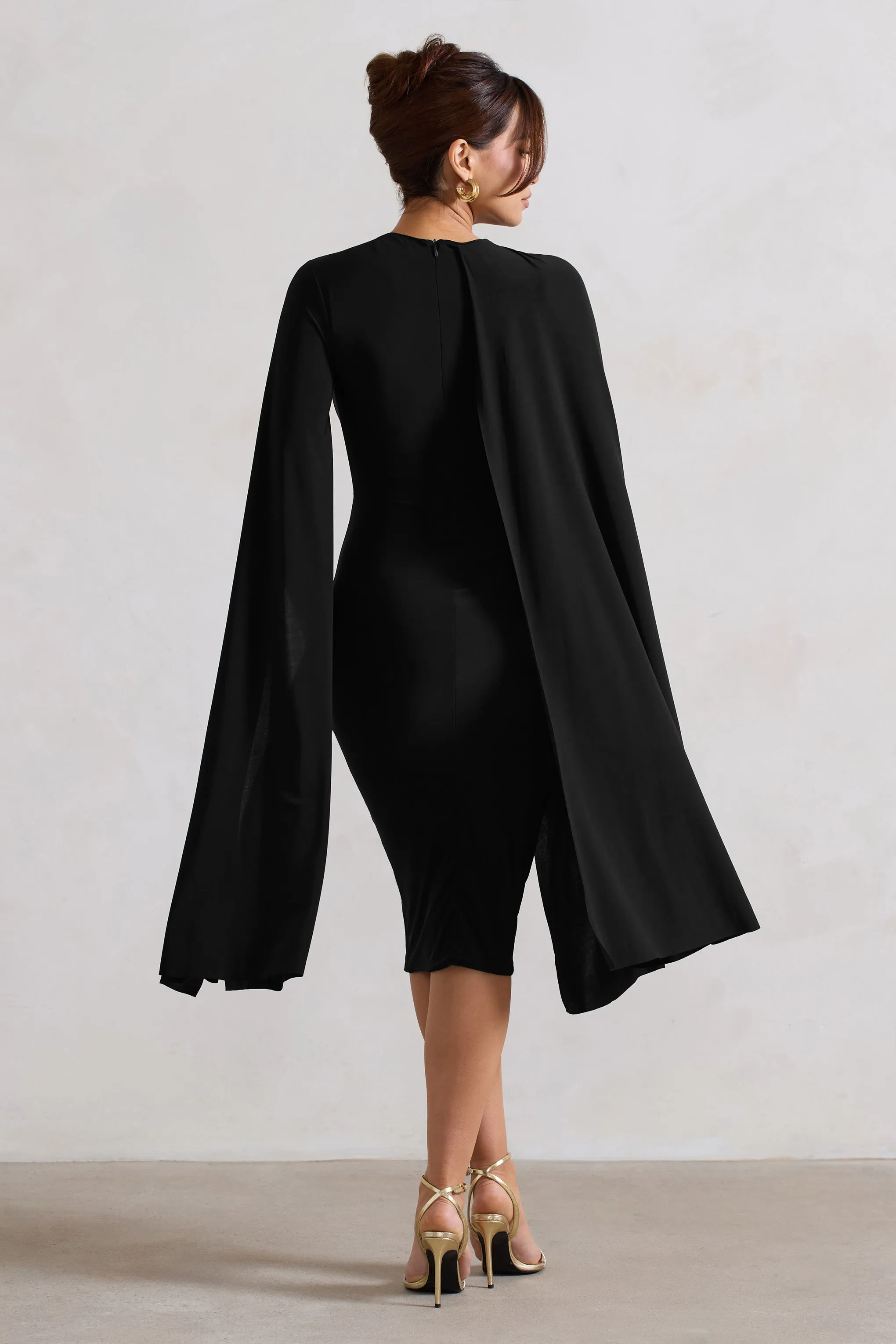 Marysol | Black Asymmetric Cape Midi Dress Club L London