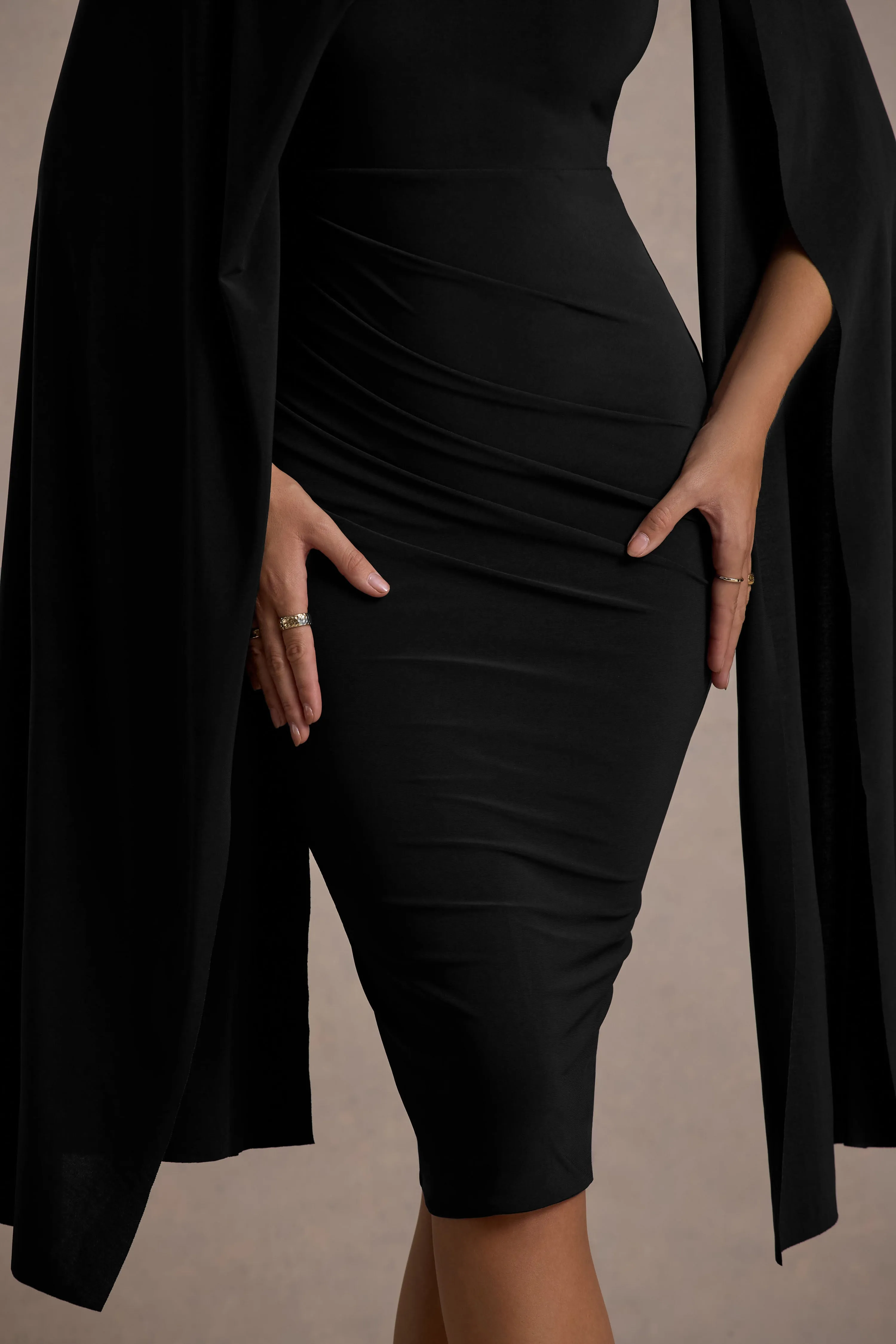 Marysol | Black Asymmetric Cape Midi Dress Club L London