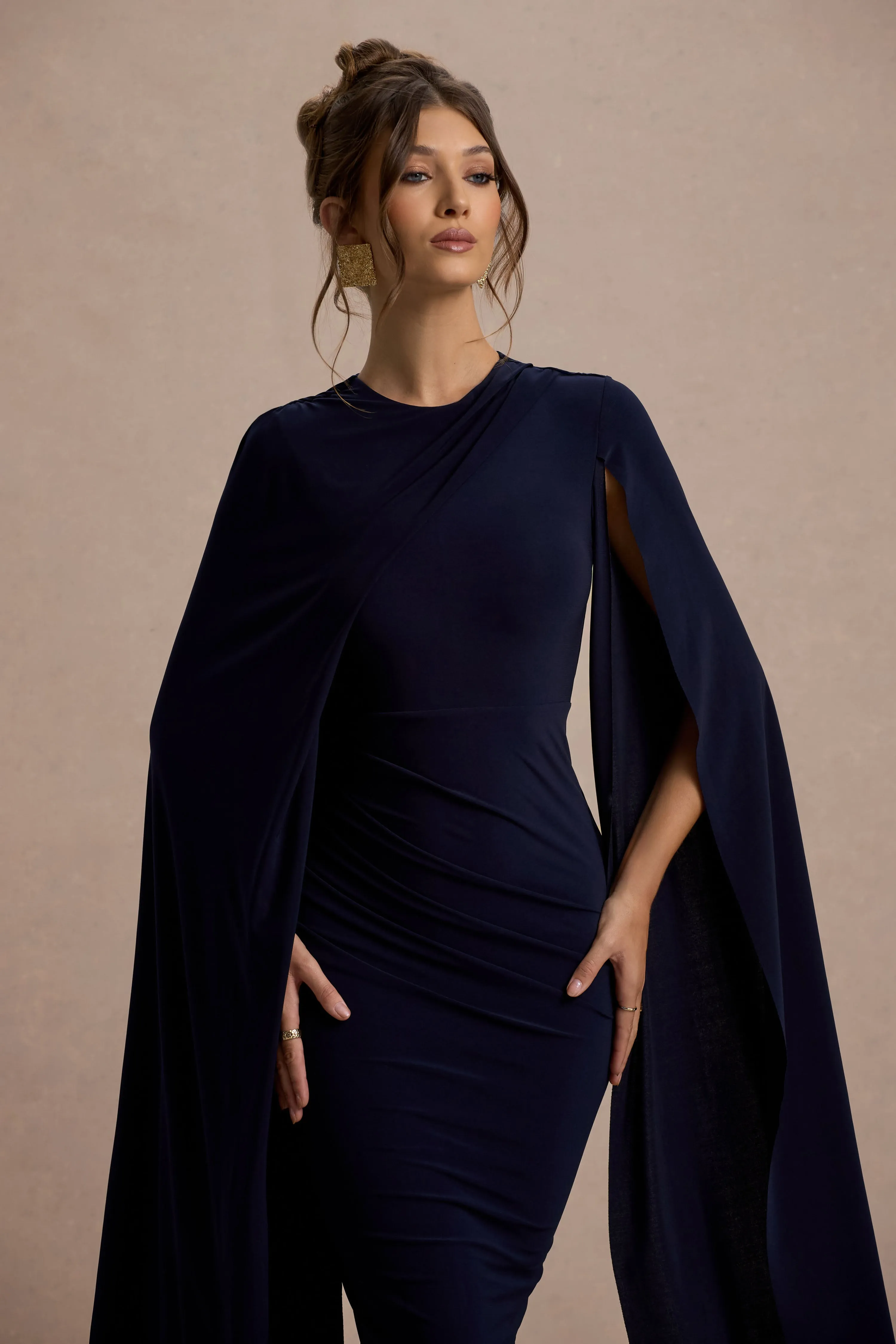 Marysol | Navy Asymmetric Cape Midi Dress Club L London