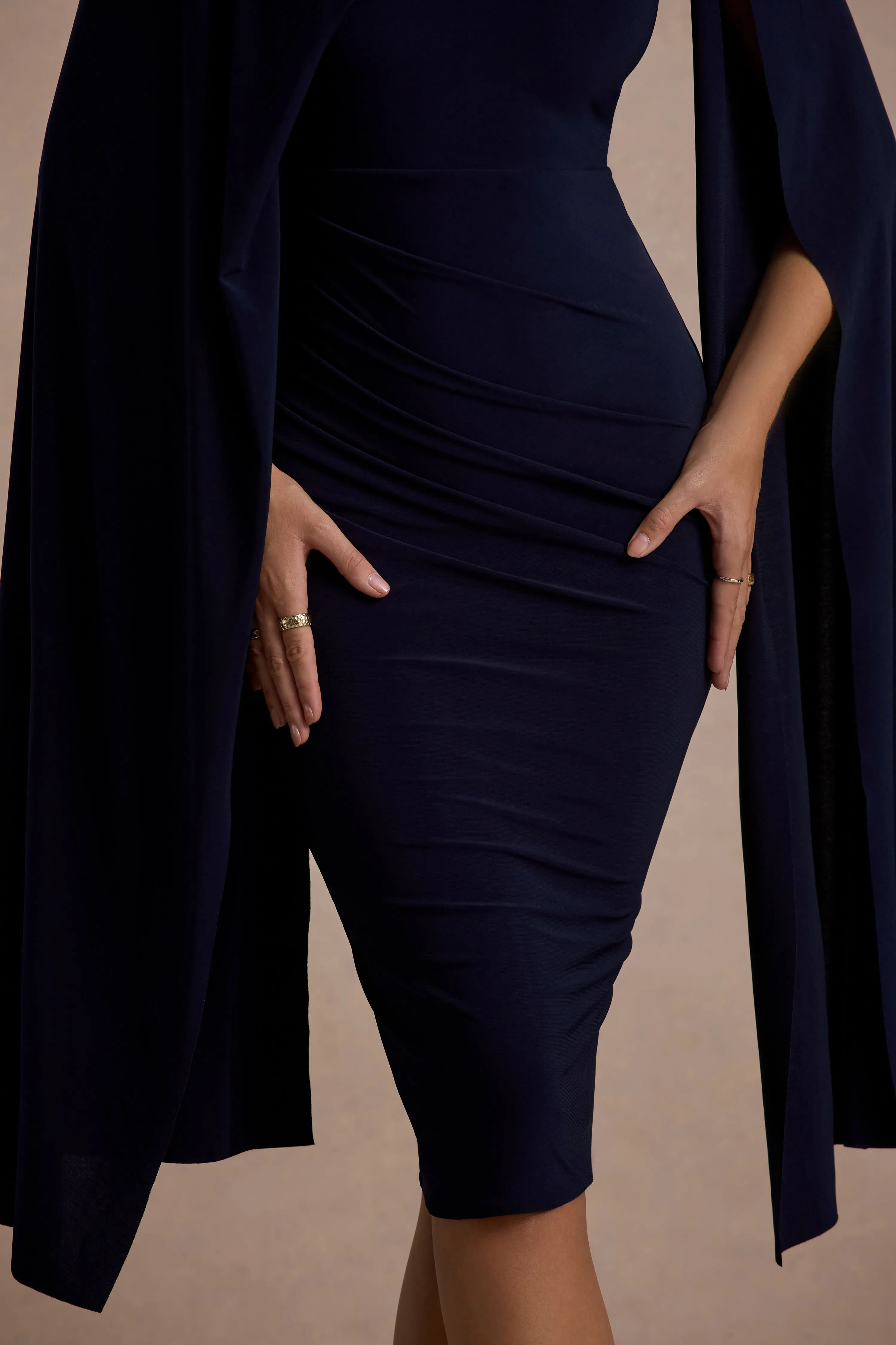 Marysol | Navy Asymmetric Cape Midi Dress Club L London