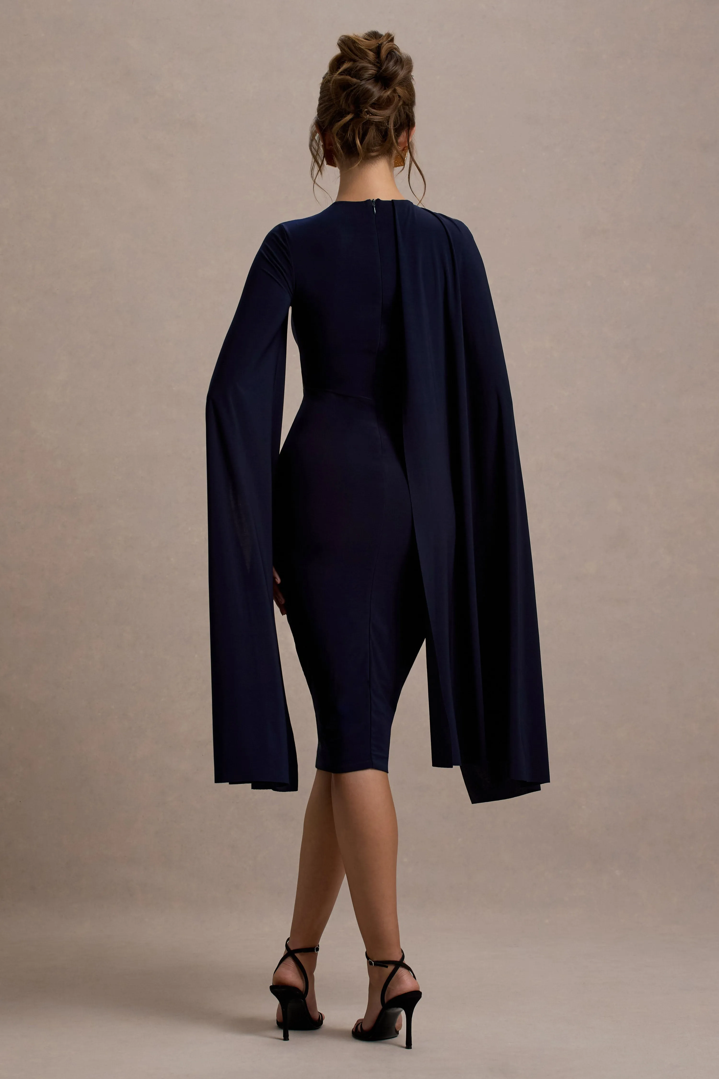 Marysol | Navy Asymmetric Cape Midi Dress Club L London