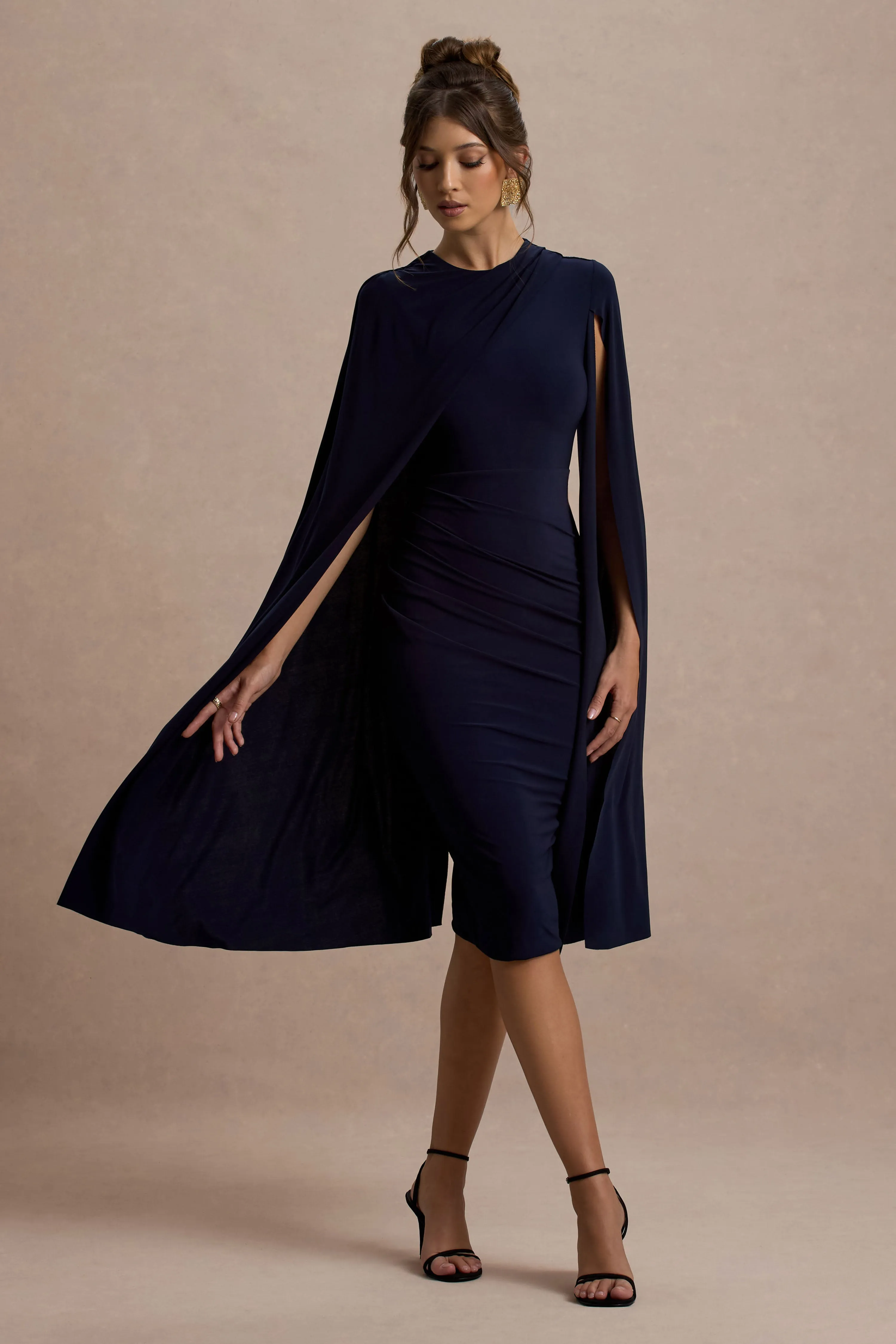Marysol | Navy Asymmetric Cape Midi Dress Club L London