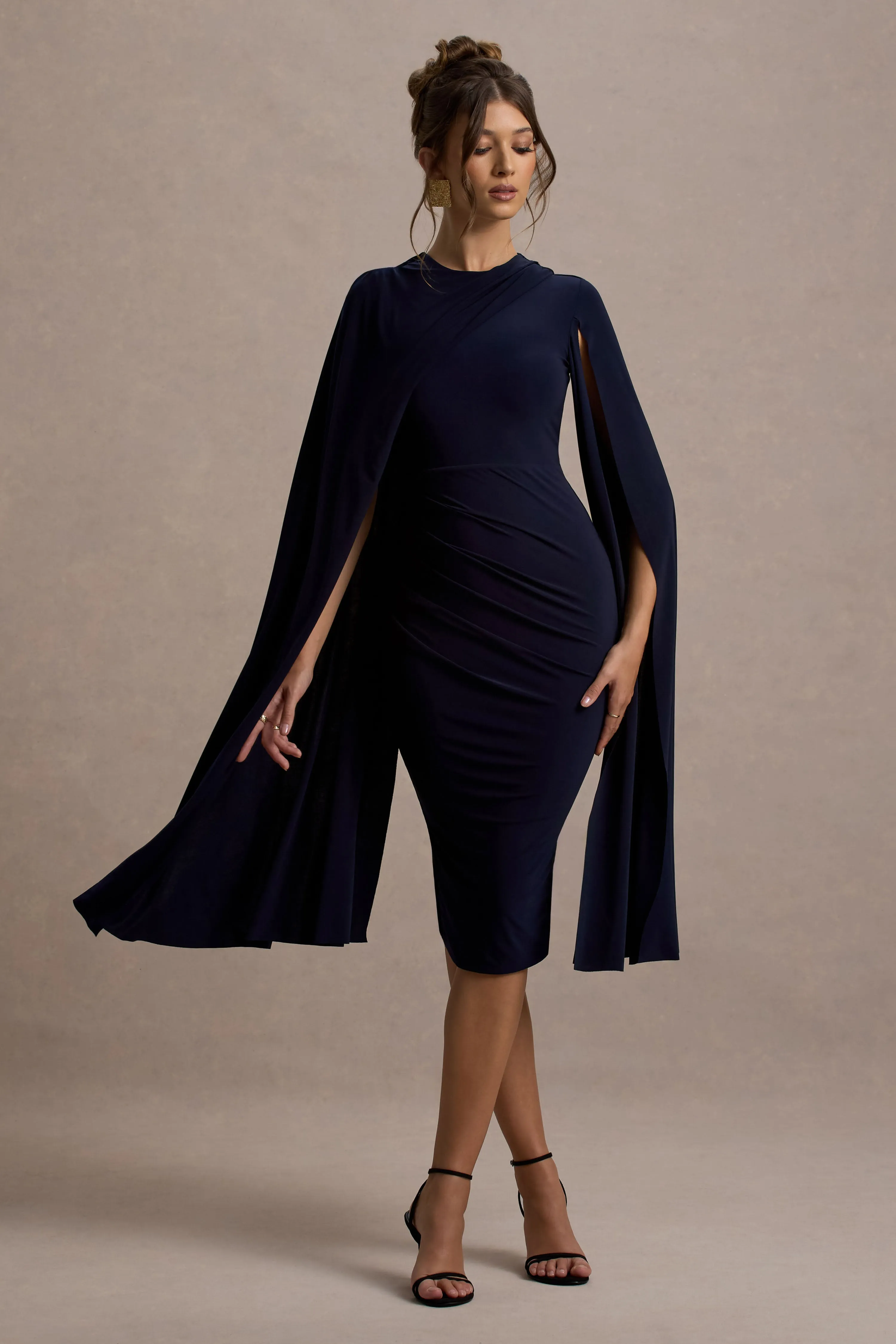 Marysol | Navy Asymmetric Cape Midi Dress Club L London