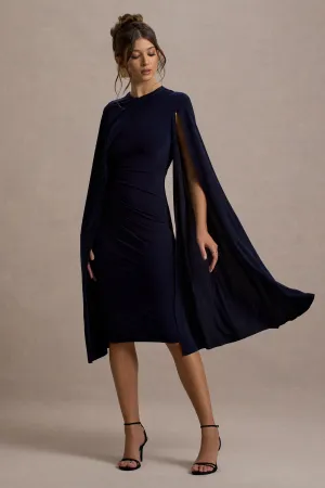 Marysol | Navy Asymmetric Cape Midi Dress Club L London