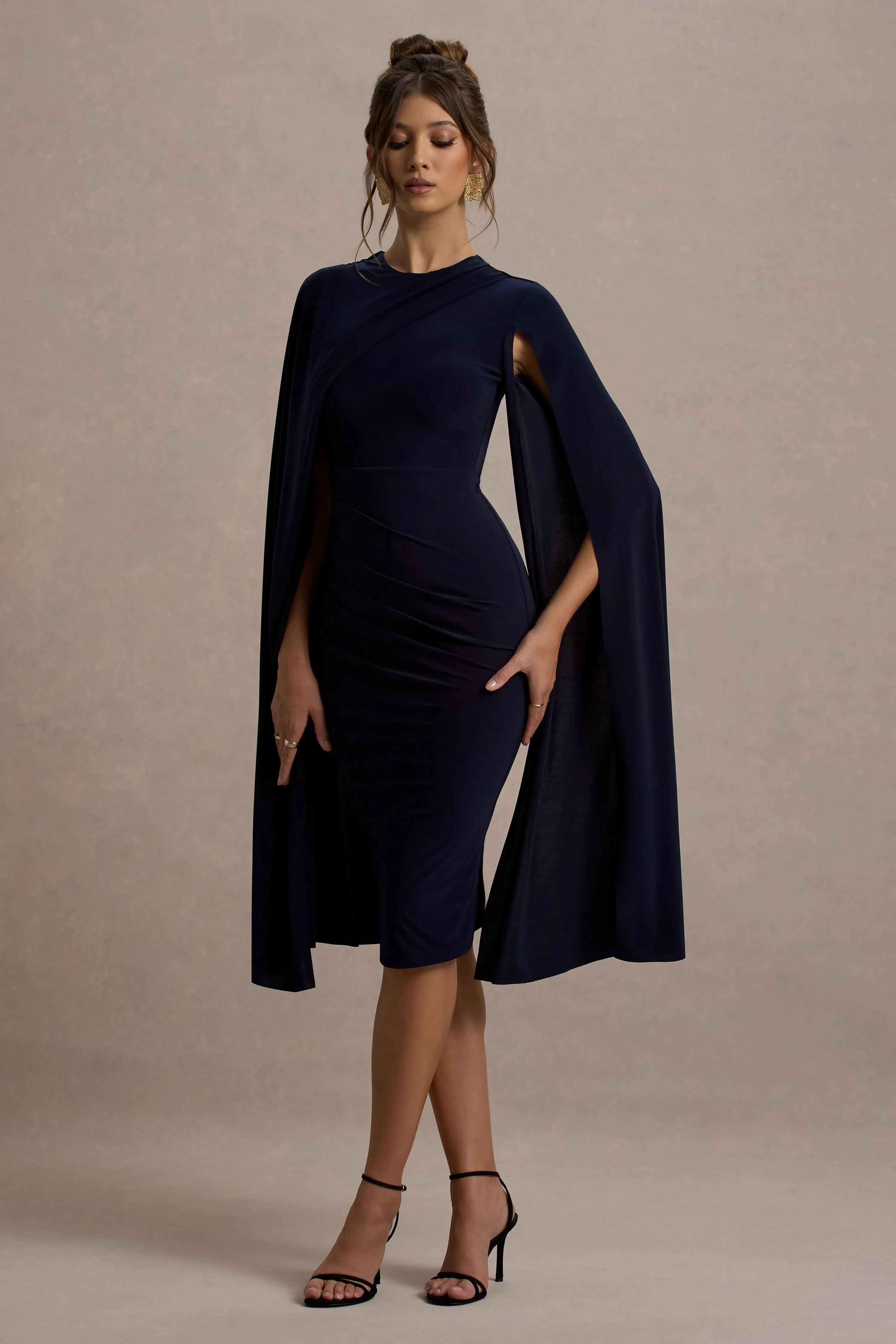 Marysol | Navy Asymmetric Cape Midi Dress Club L London