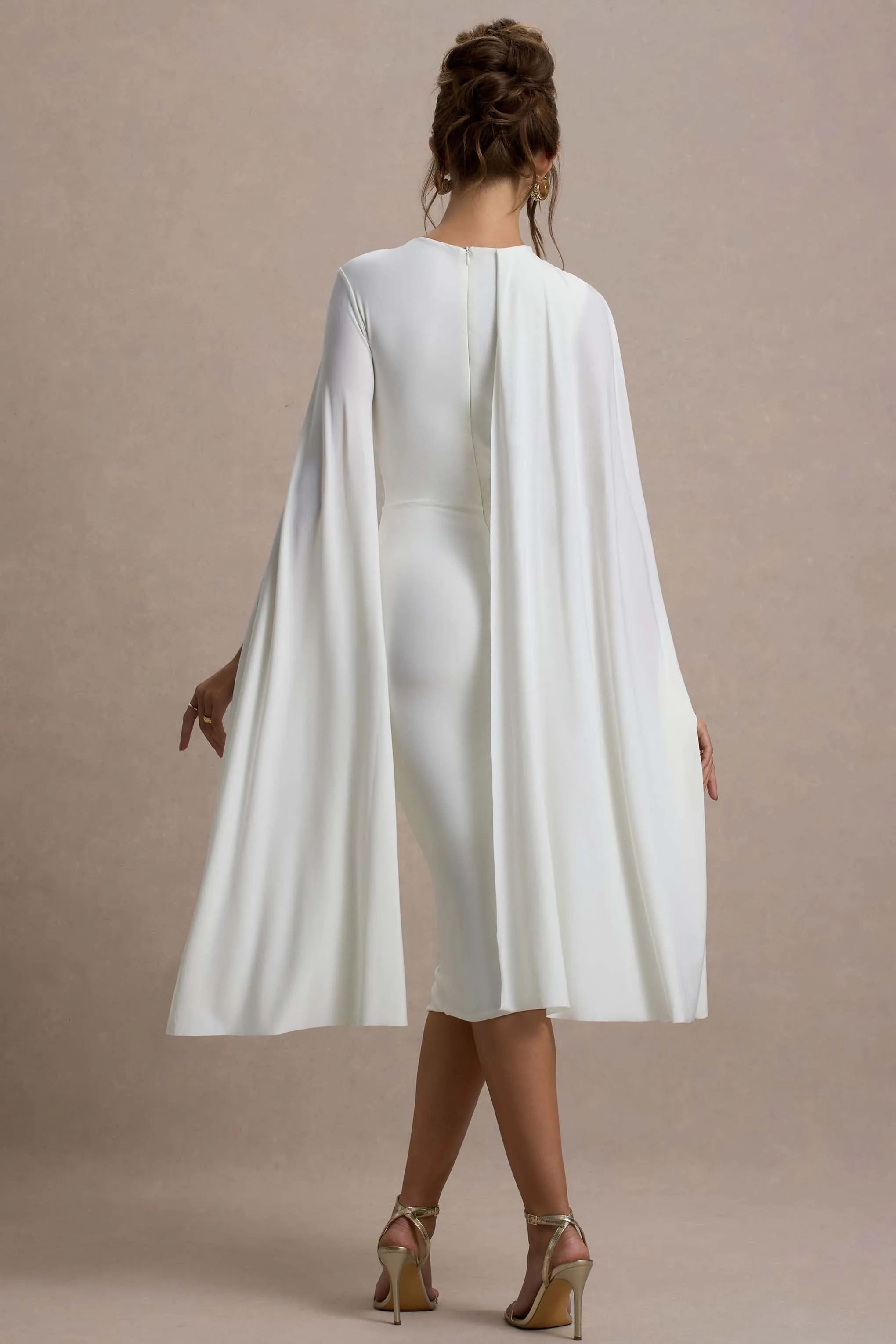 Marysol | White Asymmetric Cape Midi Dress Club L London