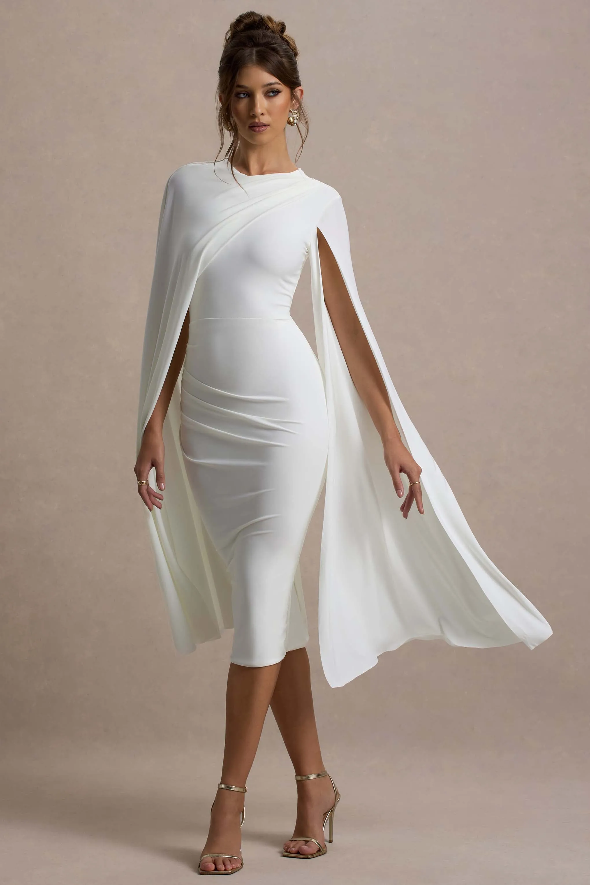 Marysol | White Asymmetric Cape Midi Dress Club L London
