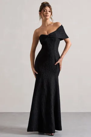 Masquerade | Black Lace Twisted Bardot Maxi Dress Club L London