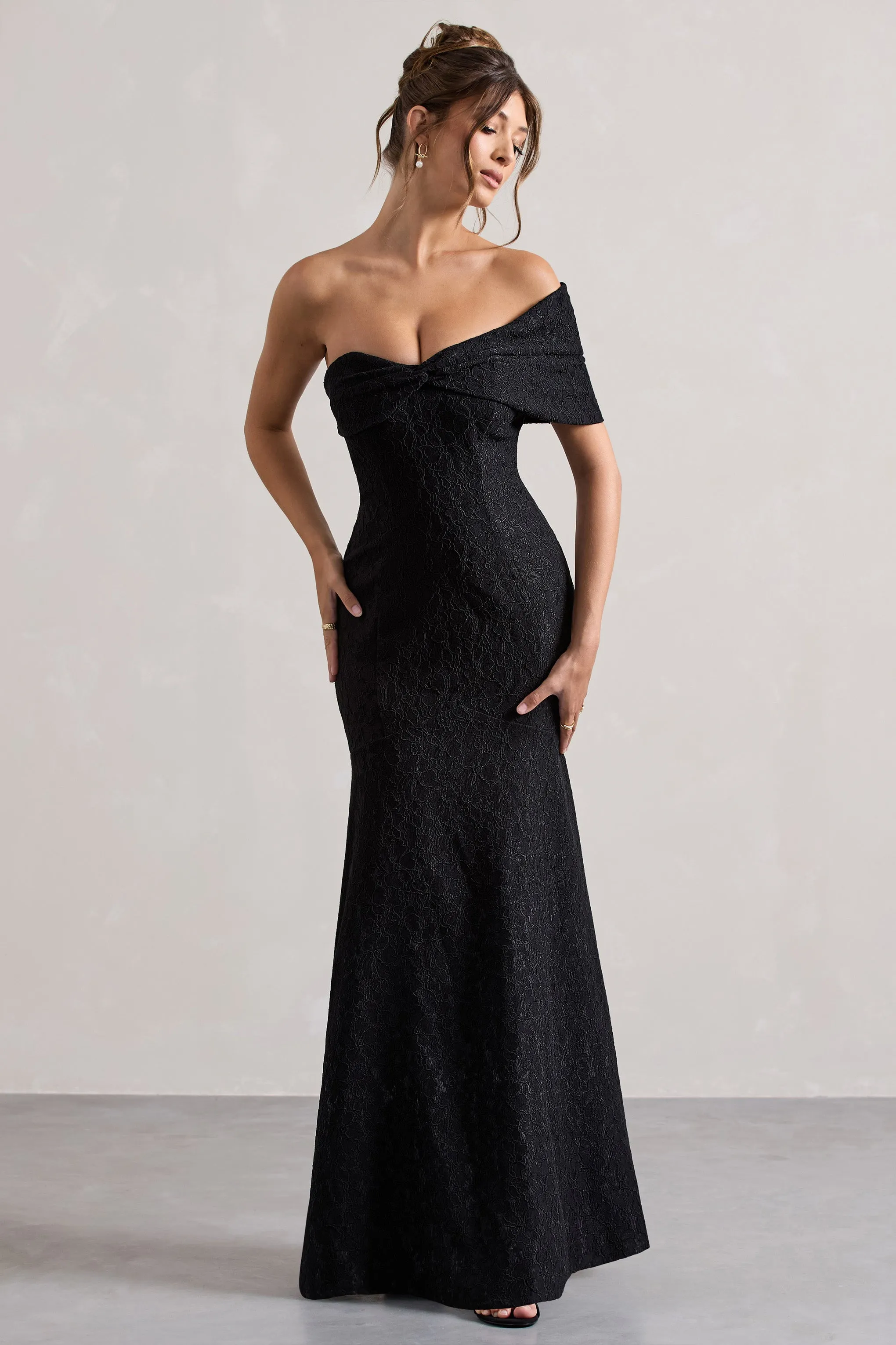 Masquerade | Black Lace Twisted Bardot Maxi Dress Club L London