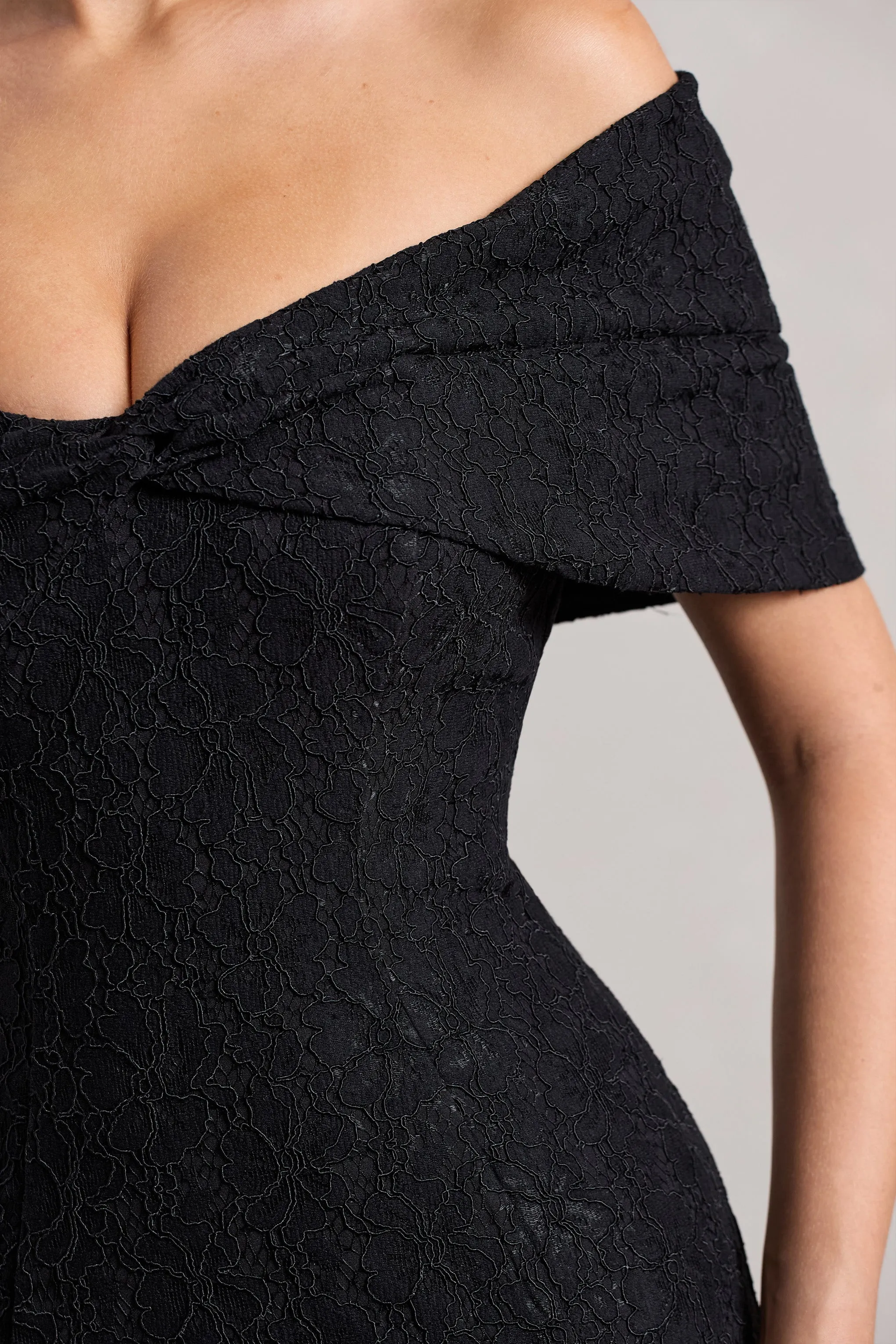 Masquerade | Black Lace Twisted Bardot Maxi Dress Club L London
