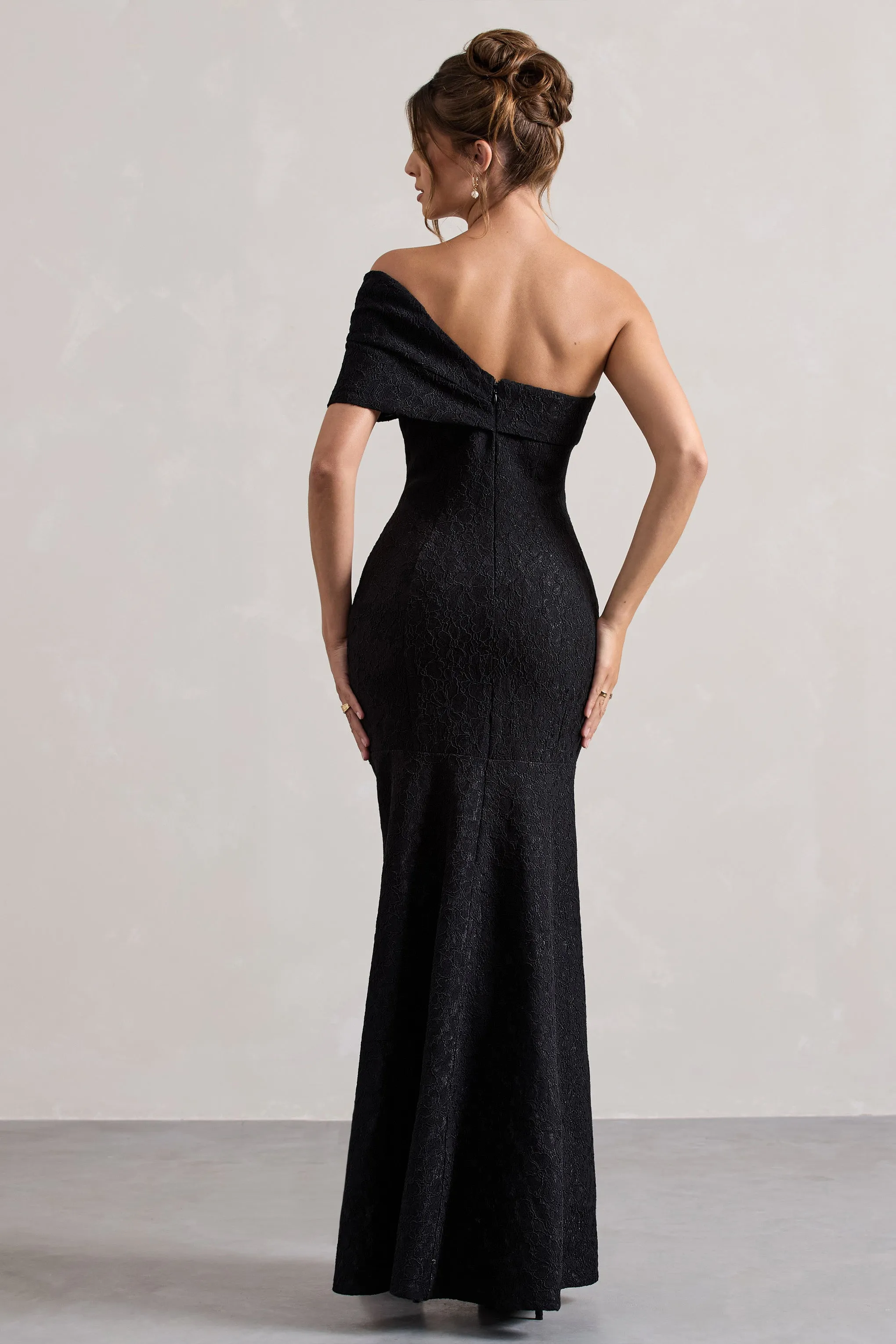 Masquerade | Black Lace Twisted Bardot Maxi Dress Club L London