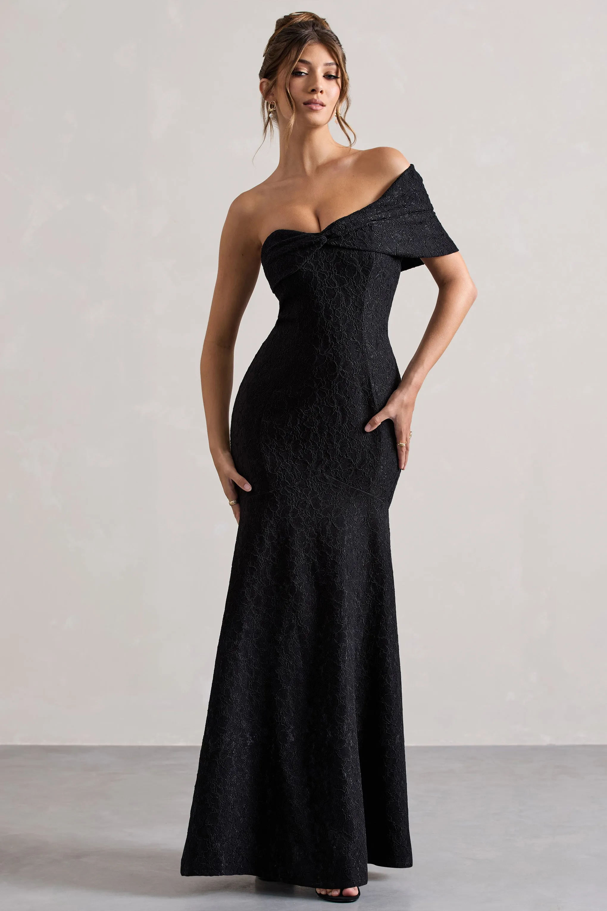 Masquerade | Black Lace Twisted Bardot Maxi Dress Club L London