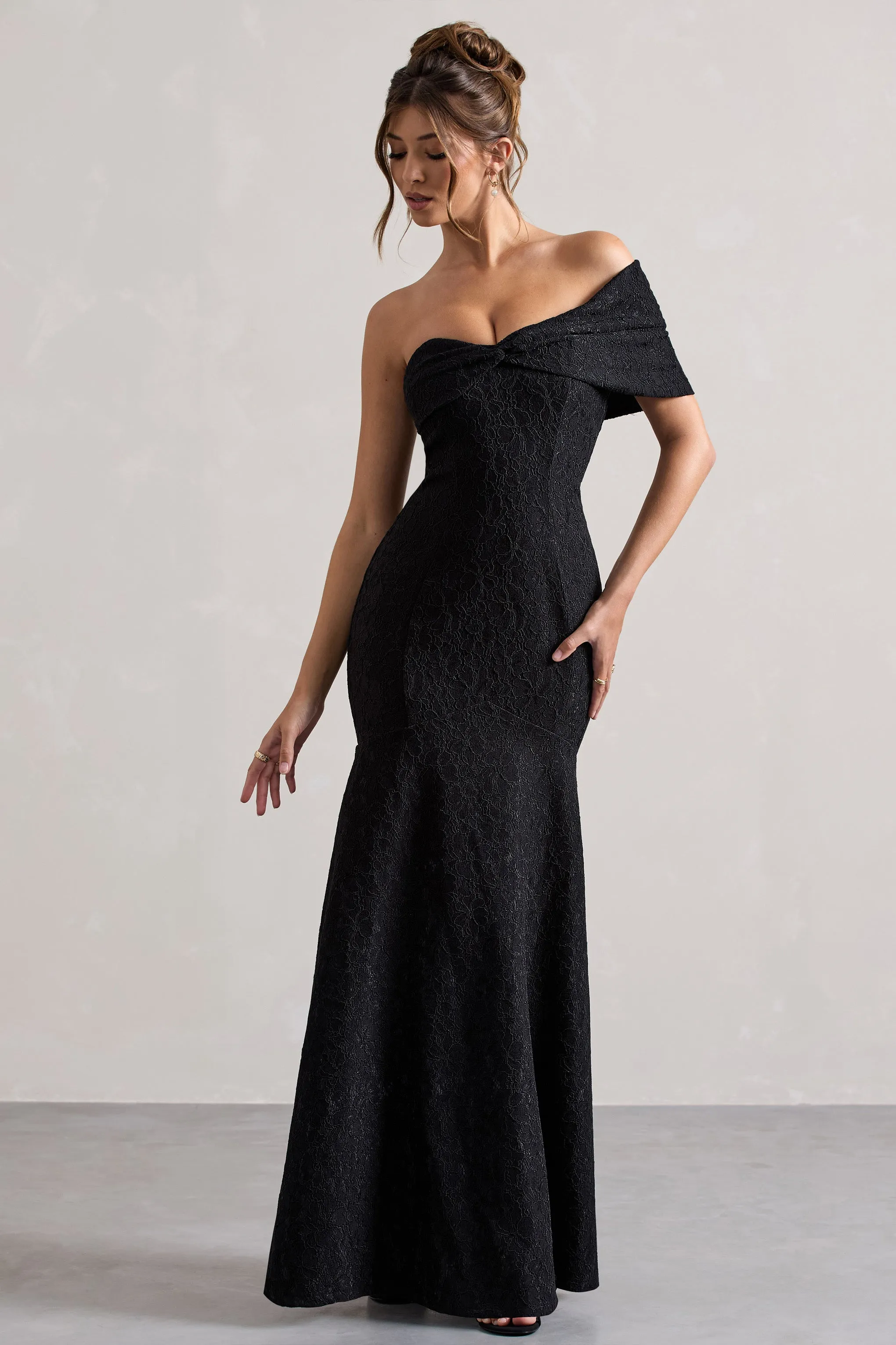 Masquerade | Black Lace Twisted Bardot Maxi Dress Club L London