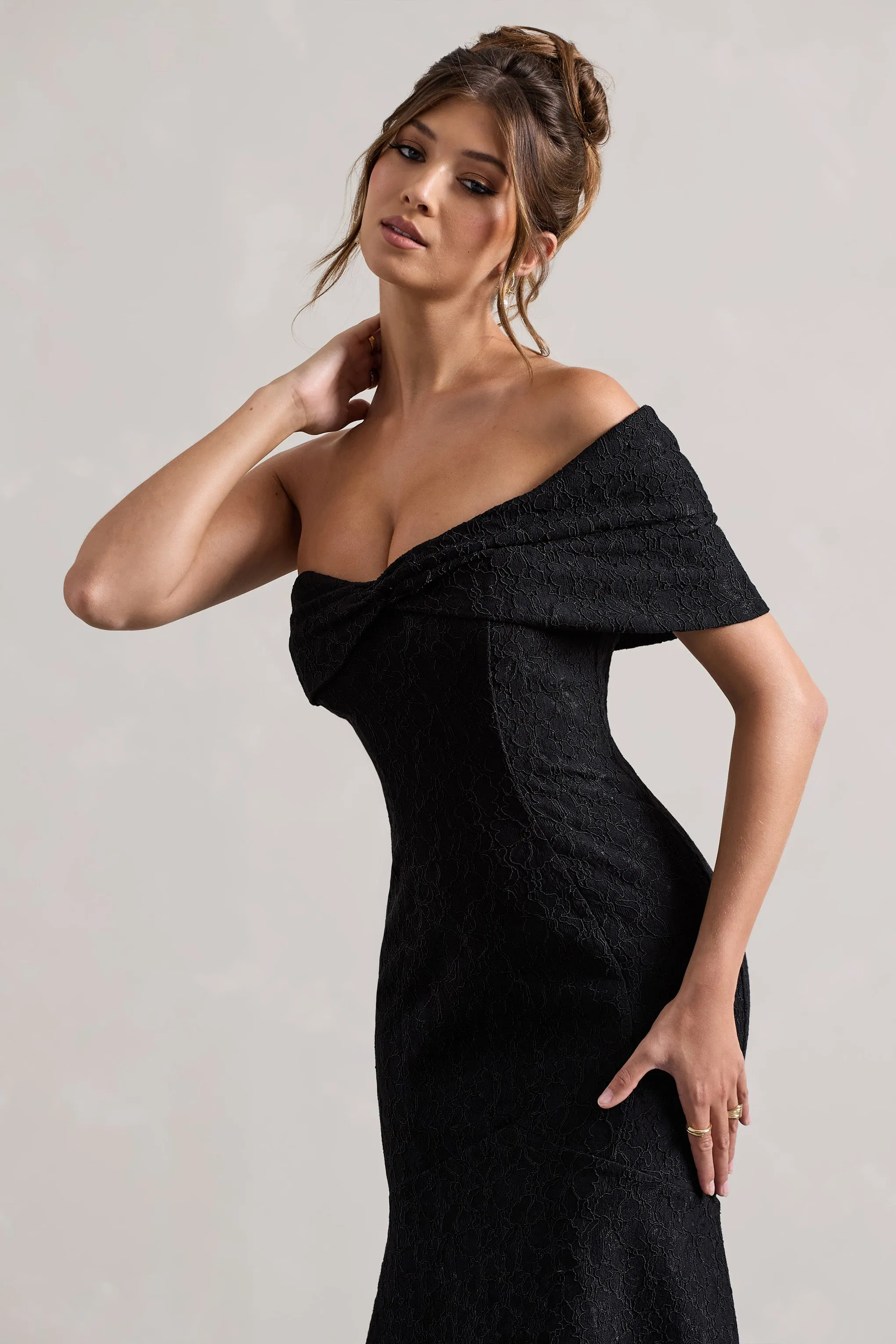 Masquerade | Black Lace Twisted Bardot Maxi Dress Club L London