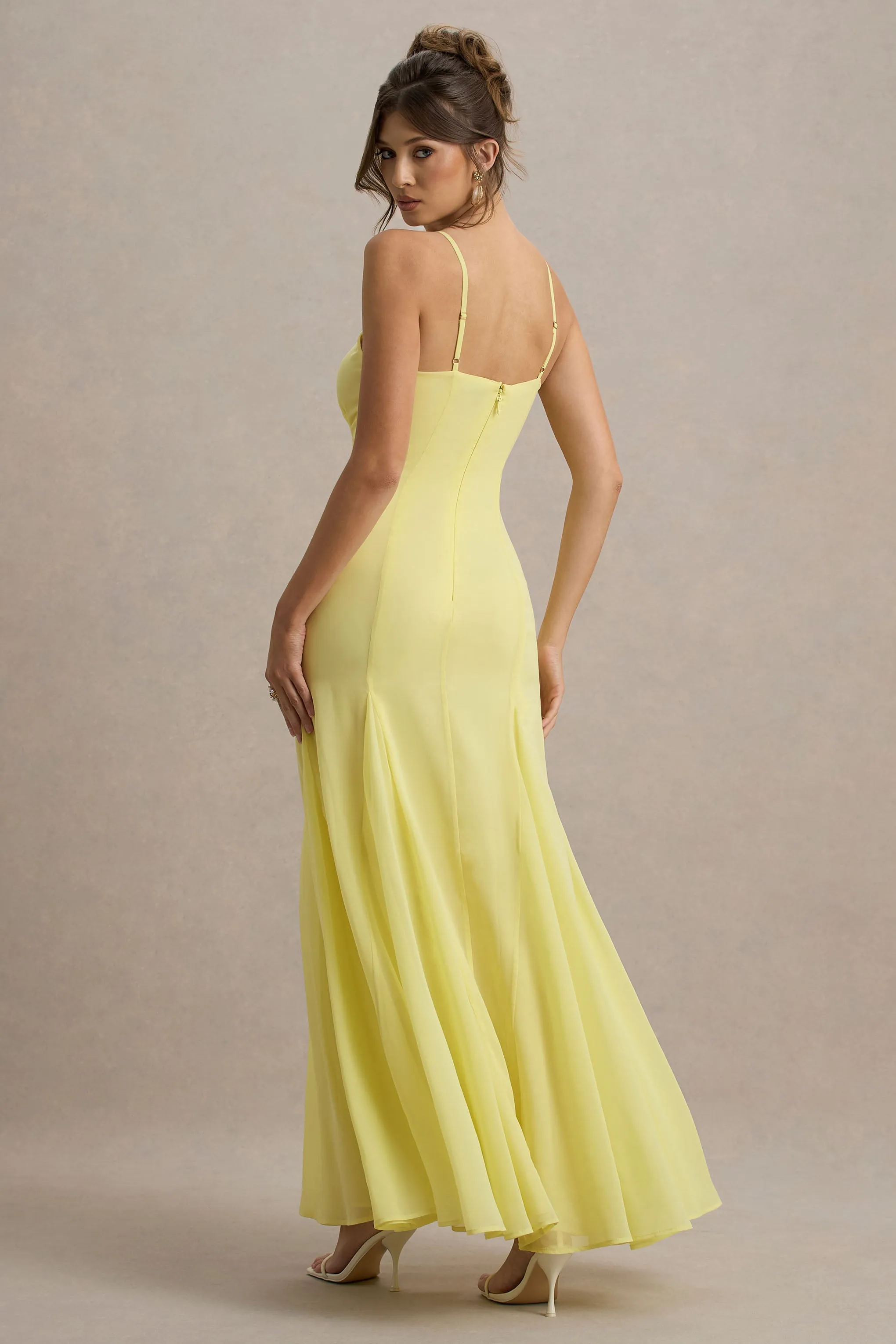 Massie | Lemon Chiffon Strappy Maxi Dress With Volume Hem Club L London