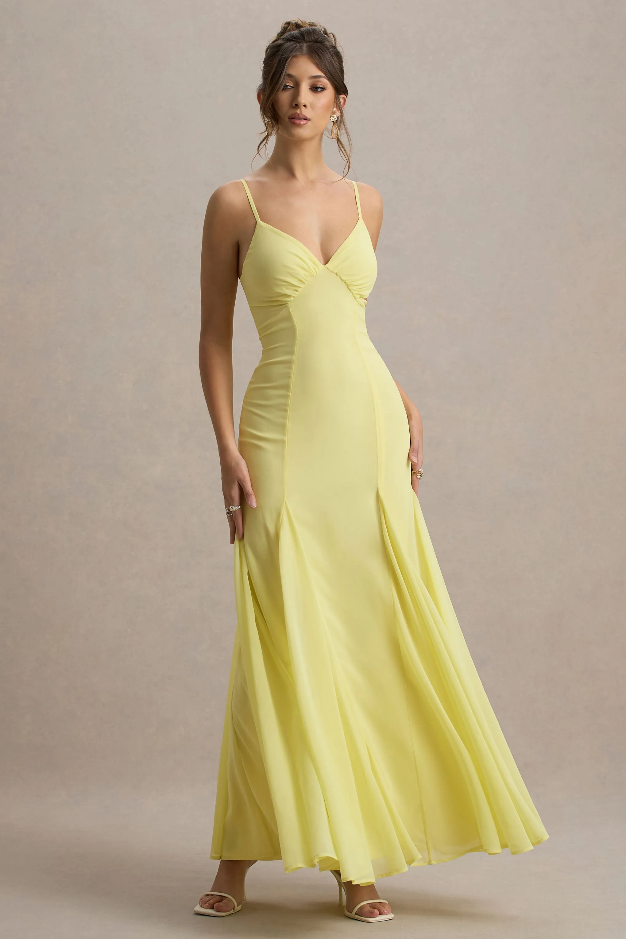Massie | Lemon Chiffon Strappy Maxi Dress With Volume Hem Club L London