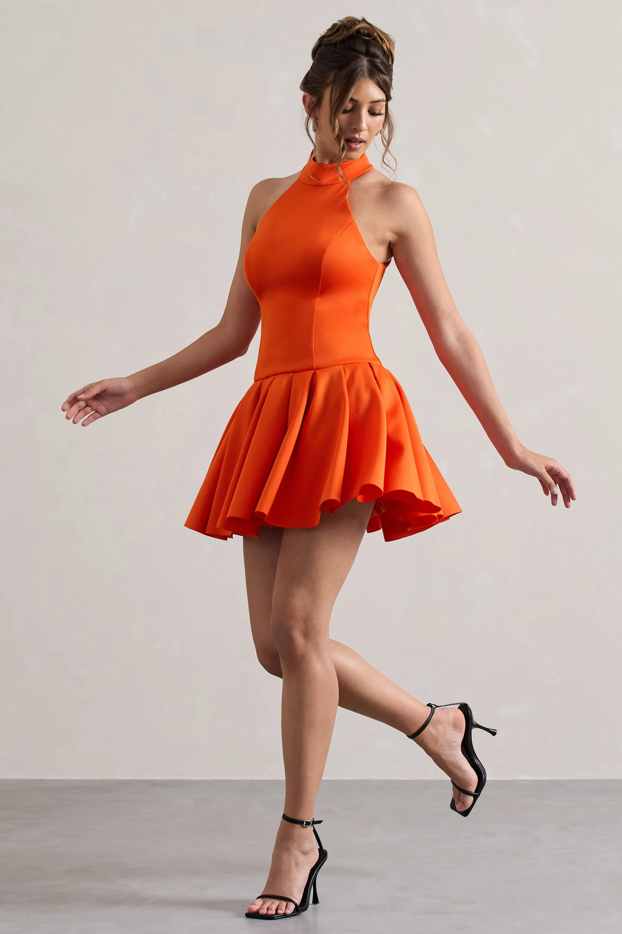 Masterpiece | Orange High-Neck Mini Dress With Volume Hem Club L London