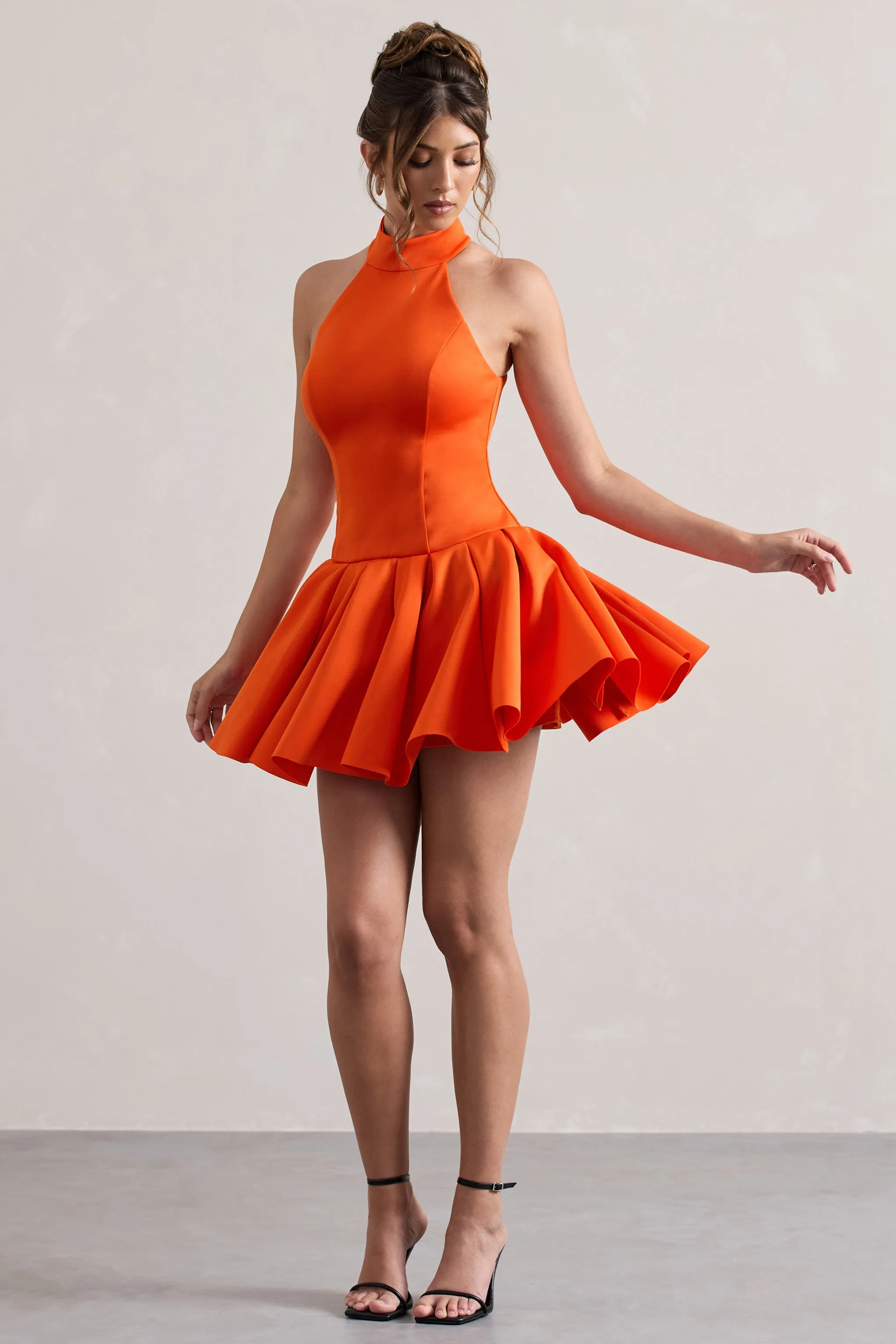 Masterpiece | Orange High-Neck Mini Dress With Volume Hem Club L London