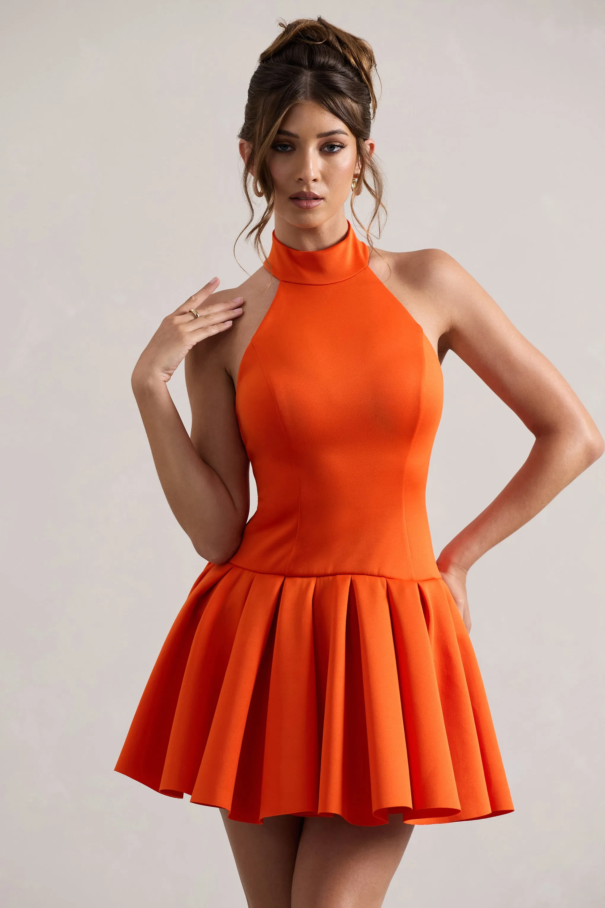 Masterpiece | Orange High-Neck Mini Dress With Volume Hem Club L London