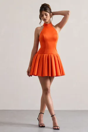 Masterpiece | Orange High-Neck Mini Dress With Volume Hem Club L London