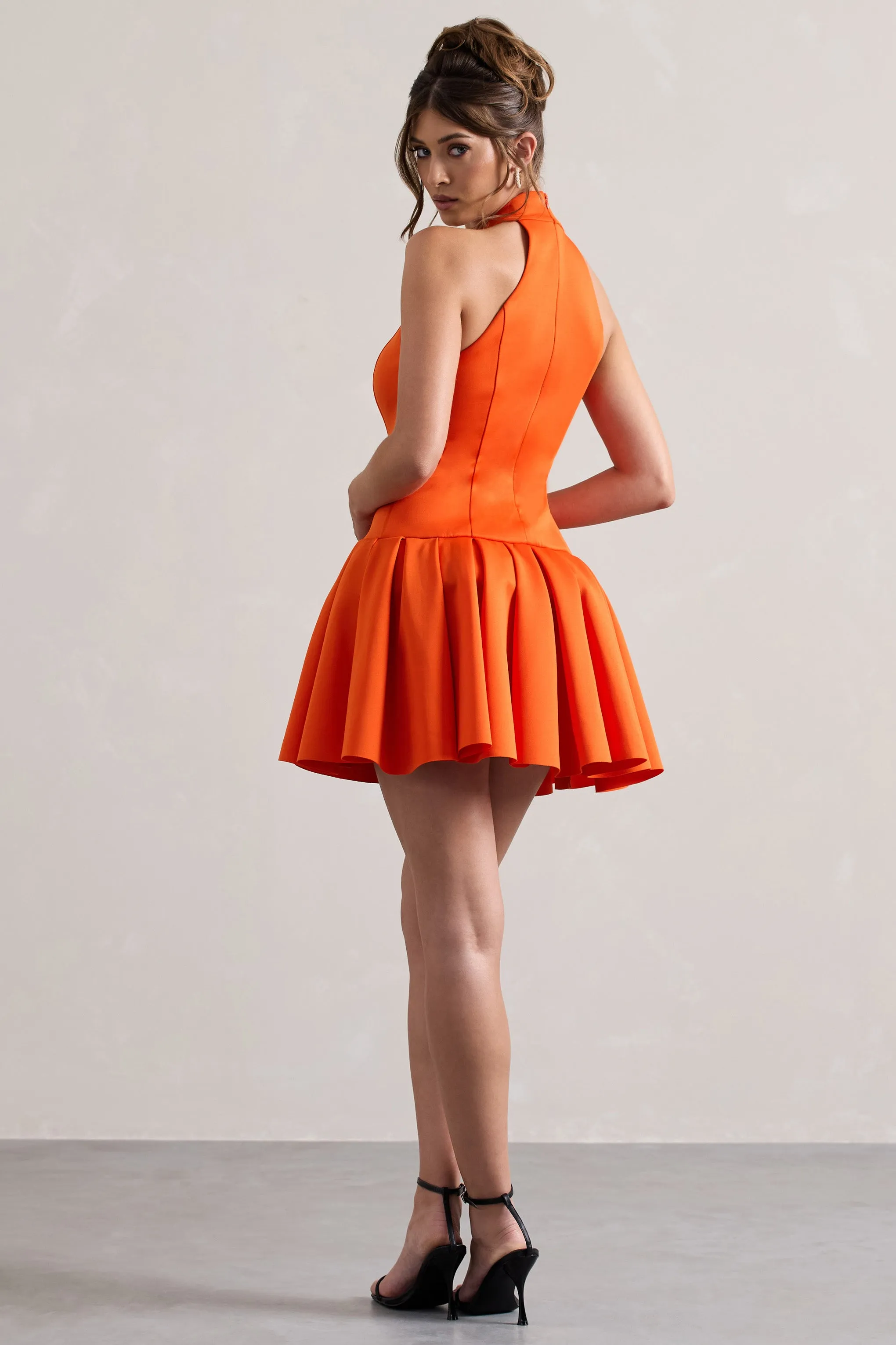 Masterpiece | Orange High-Neck Mini Dress With Volume Hem Club L London