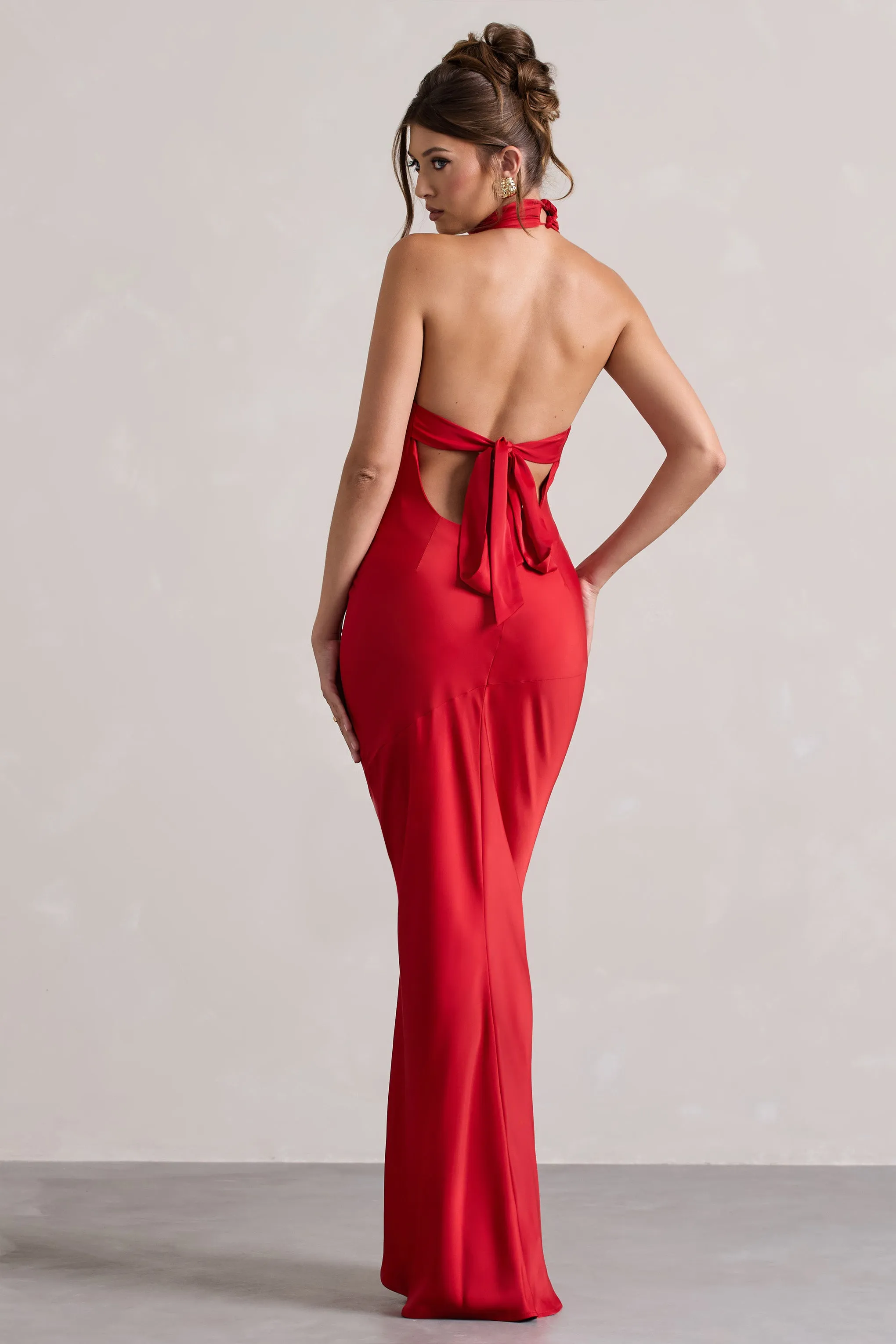 Matea | Red Satin Cowl-Neck Maxi Dress Club L London