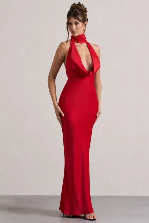 Matea | Red Satin Cowl-Neck Maxi Dress Club L London