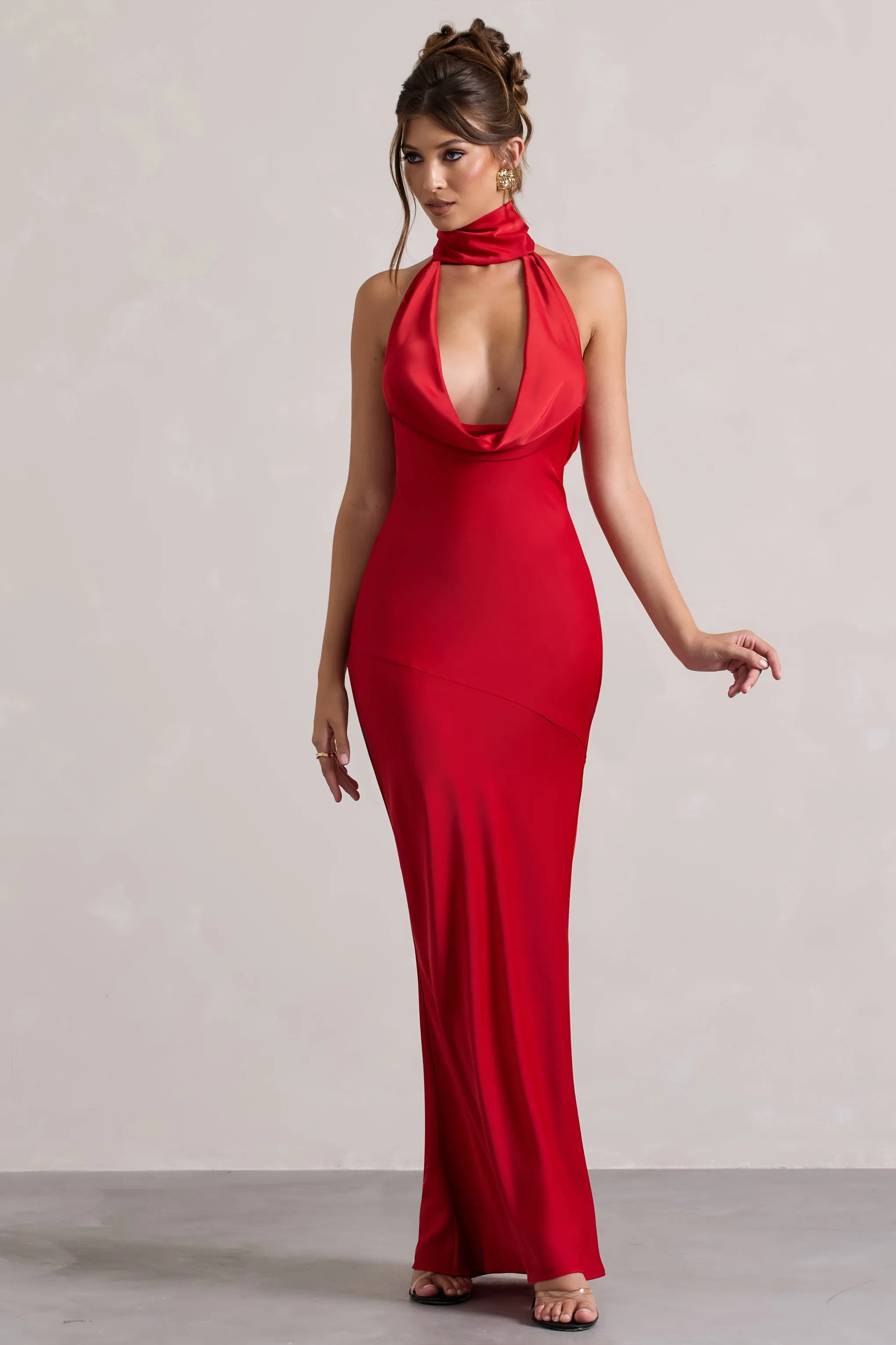 Matea | Red Satin Cowl-Neck Maxi Dress Club L London
