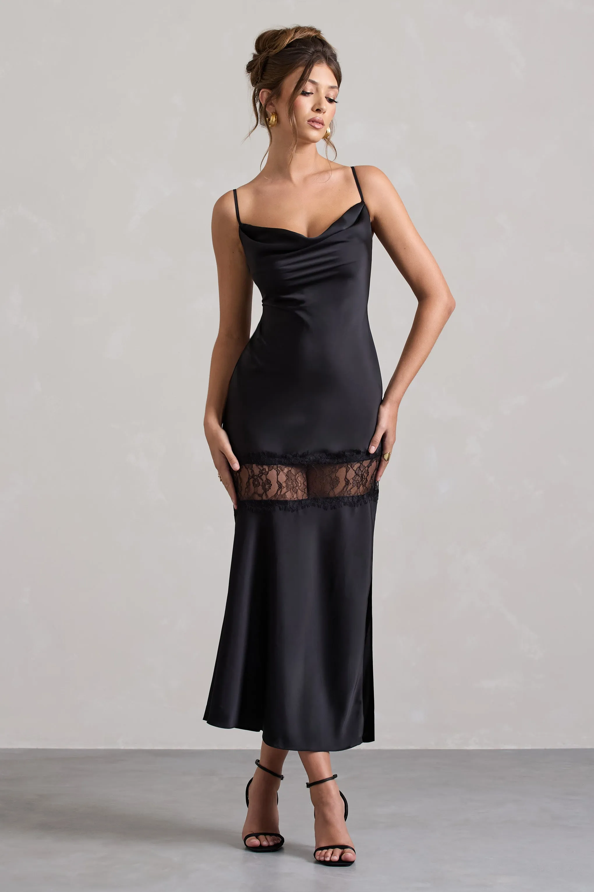 Matera | Black Satin Cowl-Neck Lace Trim Maxi Dress Club L London