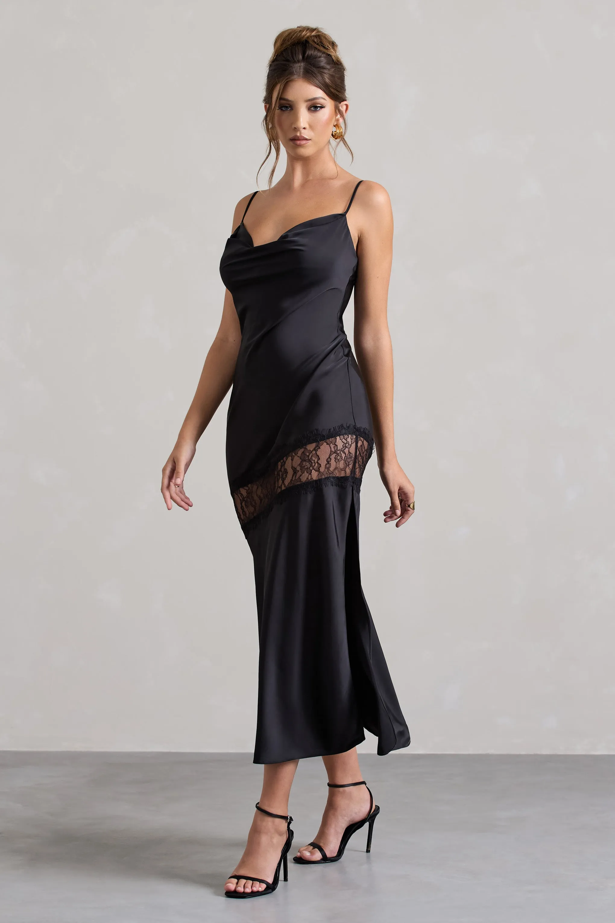 Matera | Black Satin Cowl-Neck Lace Trim Maxi Dress Club L London