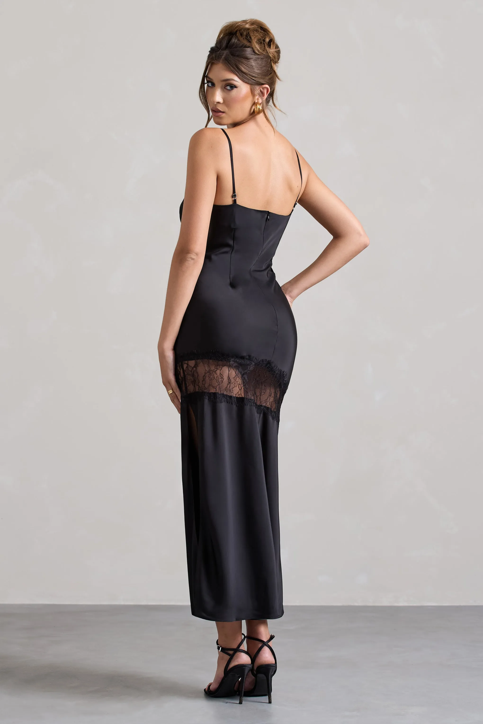 Matera | Black Satin Cowl-Neck Lace Trim Maxi Dress Club L London
