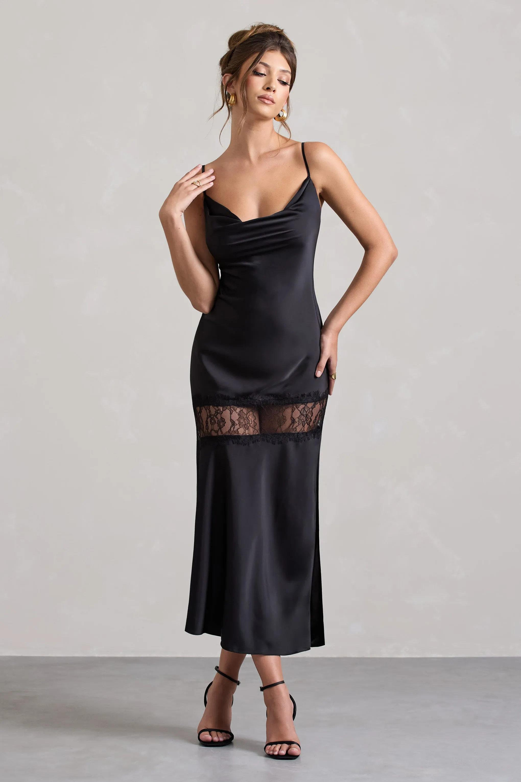 Matera | Black Satin Cowl-Neck Lace Trim Maxi Dress Club L London