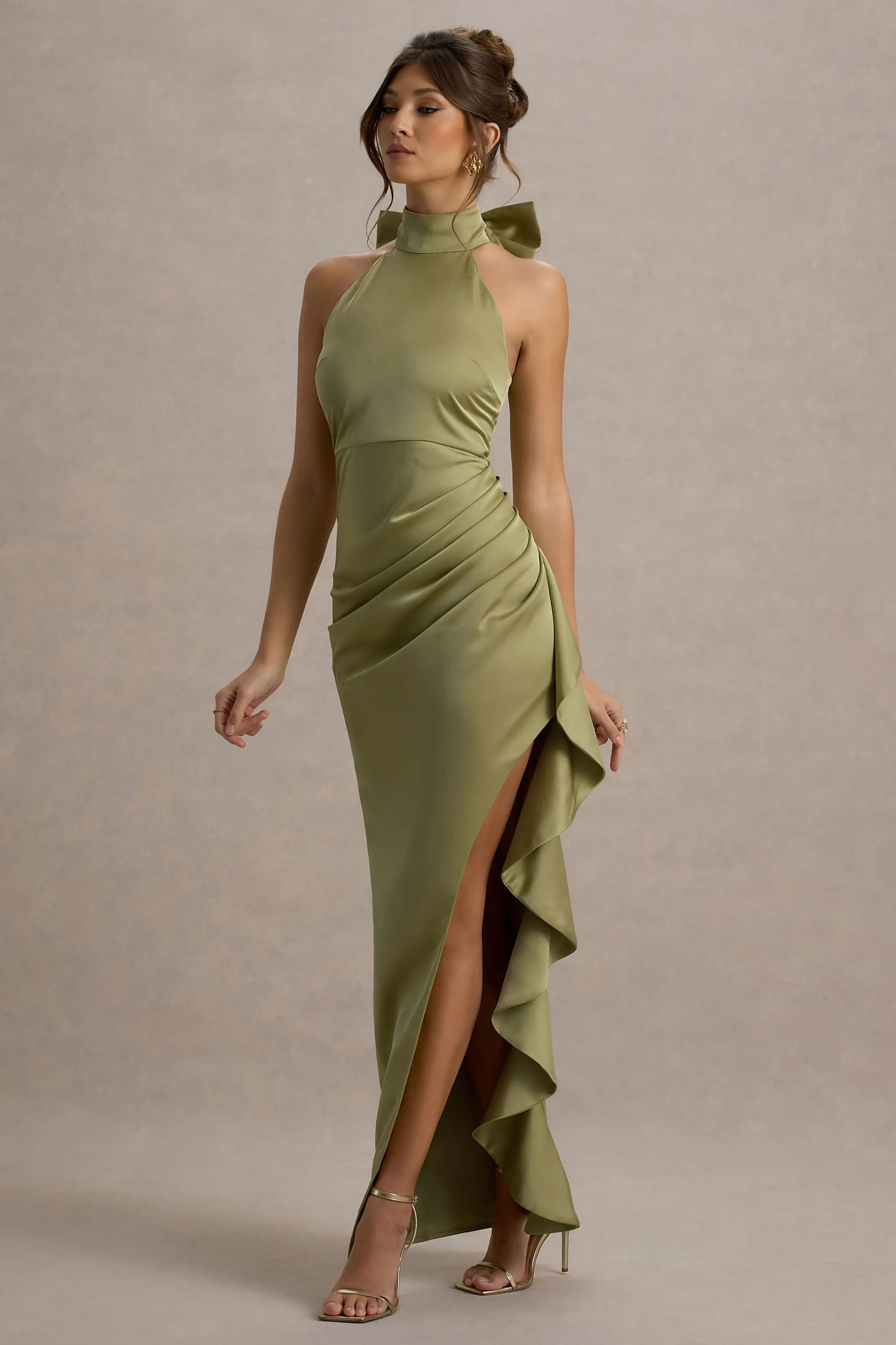 Maureen | Light Green Satin High-Neck Draped Maxi Dress Club L London