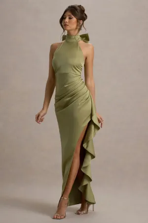 Maureen | Light Green Satin High-Neck Draped Maxi Dress Club L London