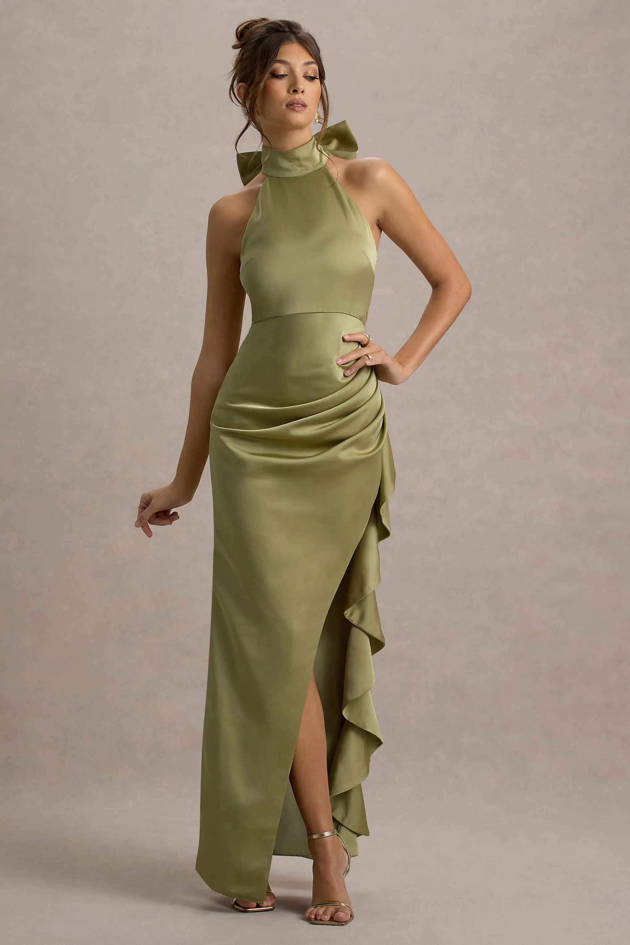 Maureen | Light Green Satin High-Neck Draped Maxi Dress Club L London
