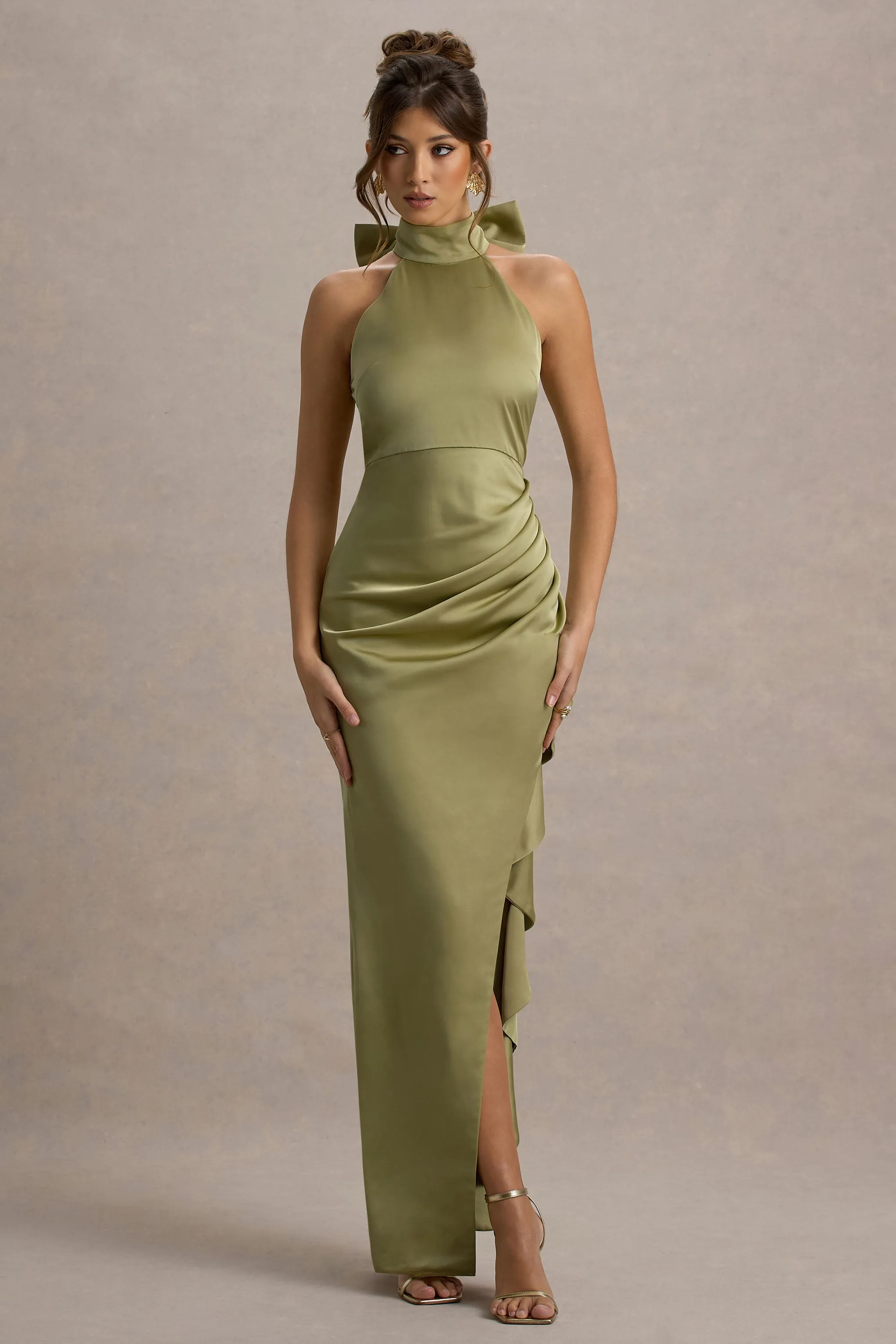 Maureen | Light Green Satin High-Neck Draped Maxi Dress Club L London