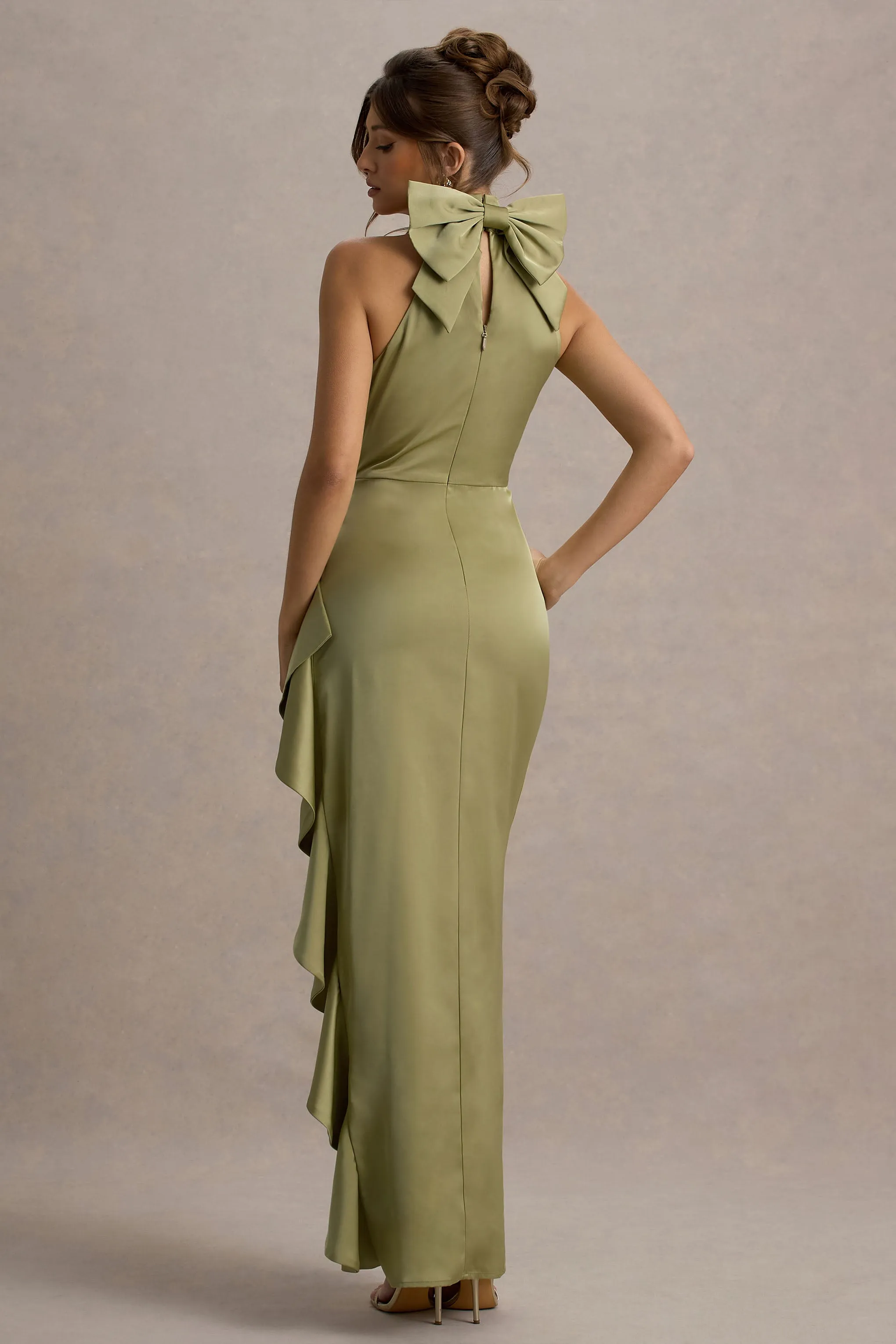 Maureen | Light Green Satin High-Neck Draped Maxi Dress Club L London