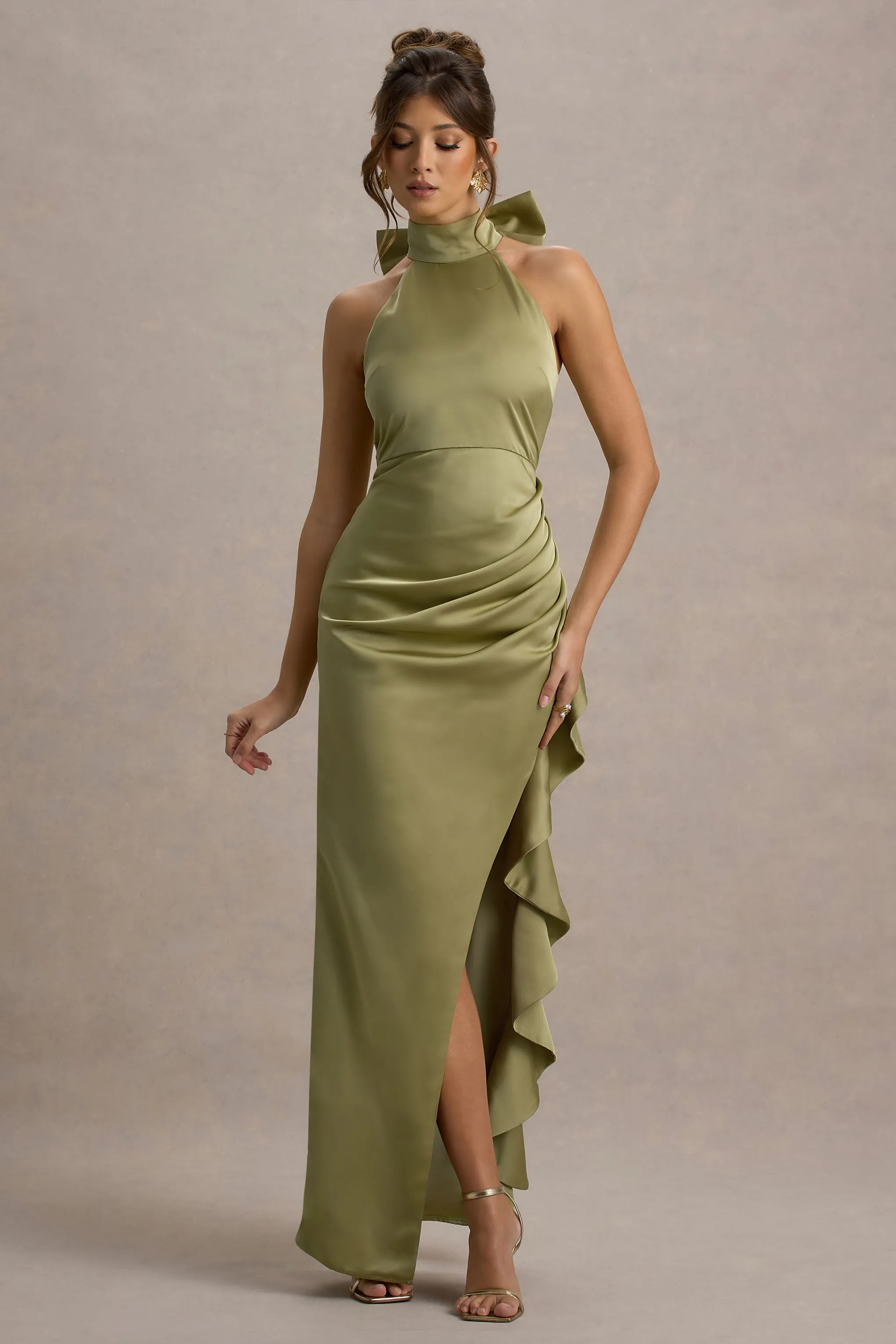 Maureen | Light Green Satin High-Neck Draped Maxi Dress Club L London