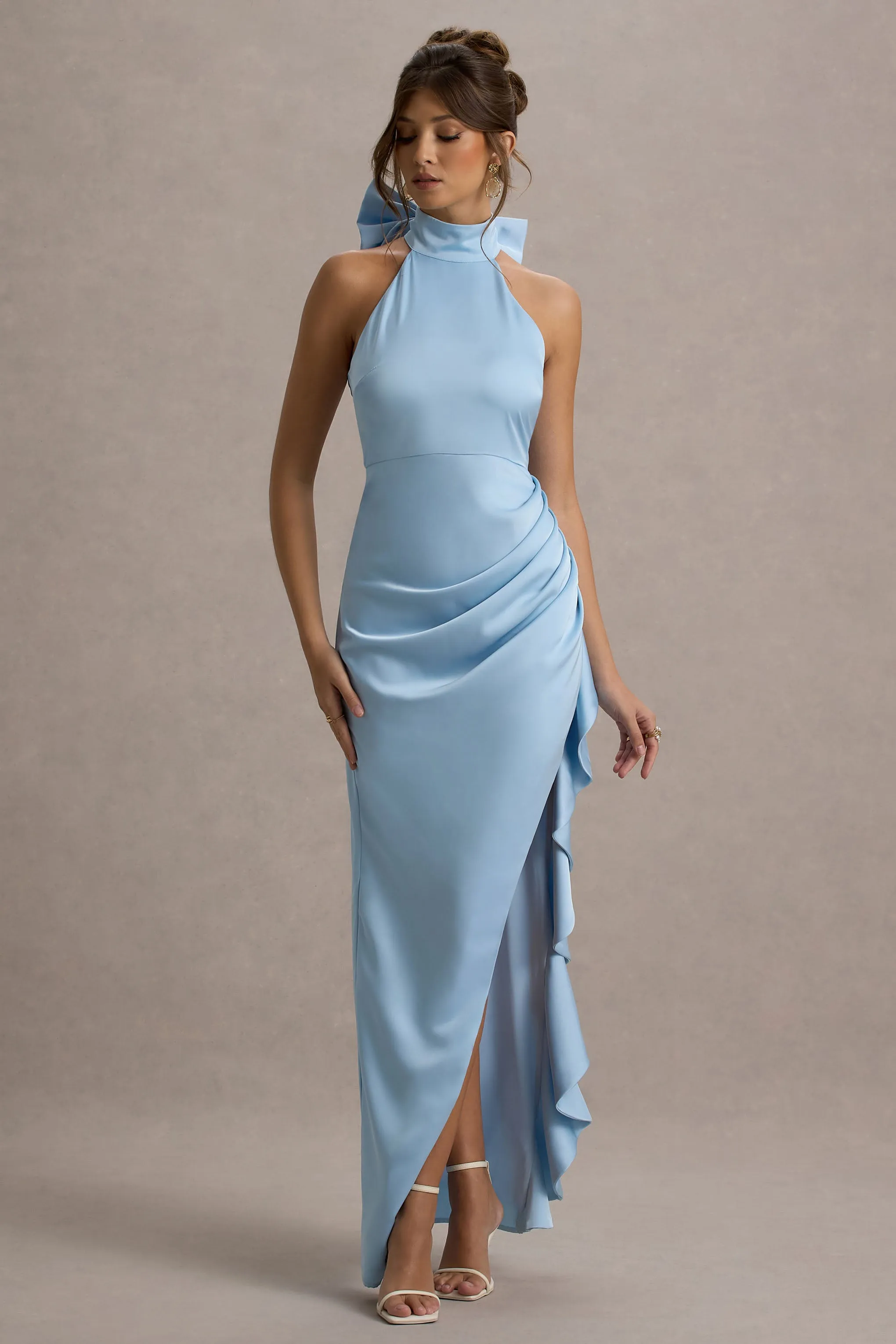 Maureen | Powder Blue Satin High-Neck Draped Maxi Dress Club L London