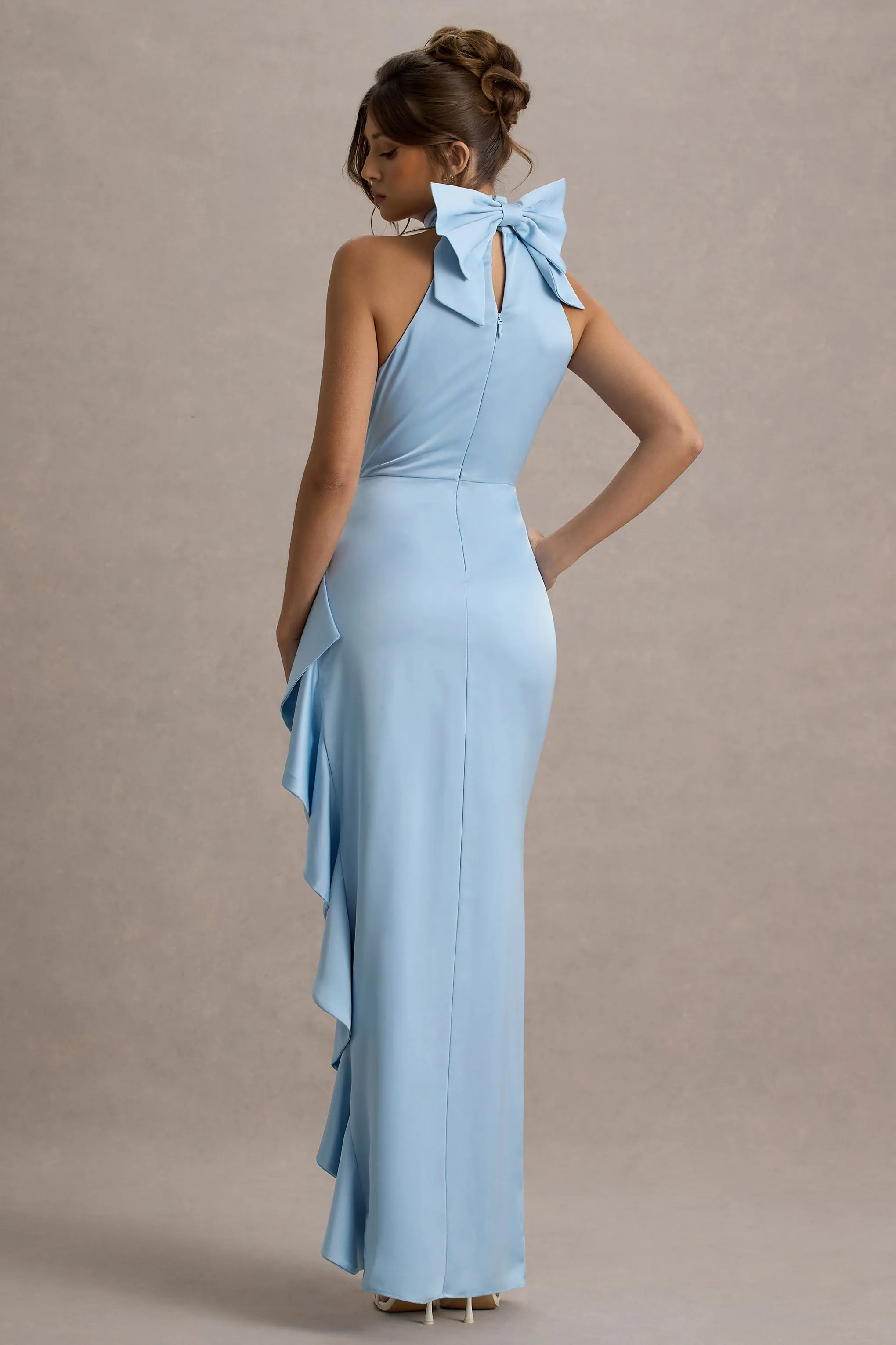 Maureen | Powder Blue Satin High-Neck Draped Maxi Dress Club L London